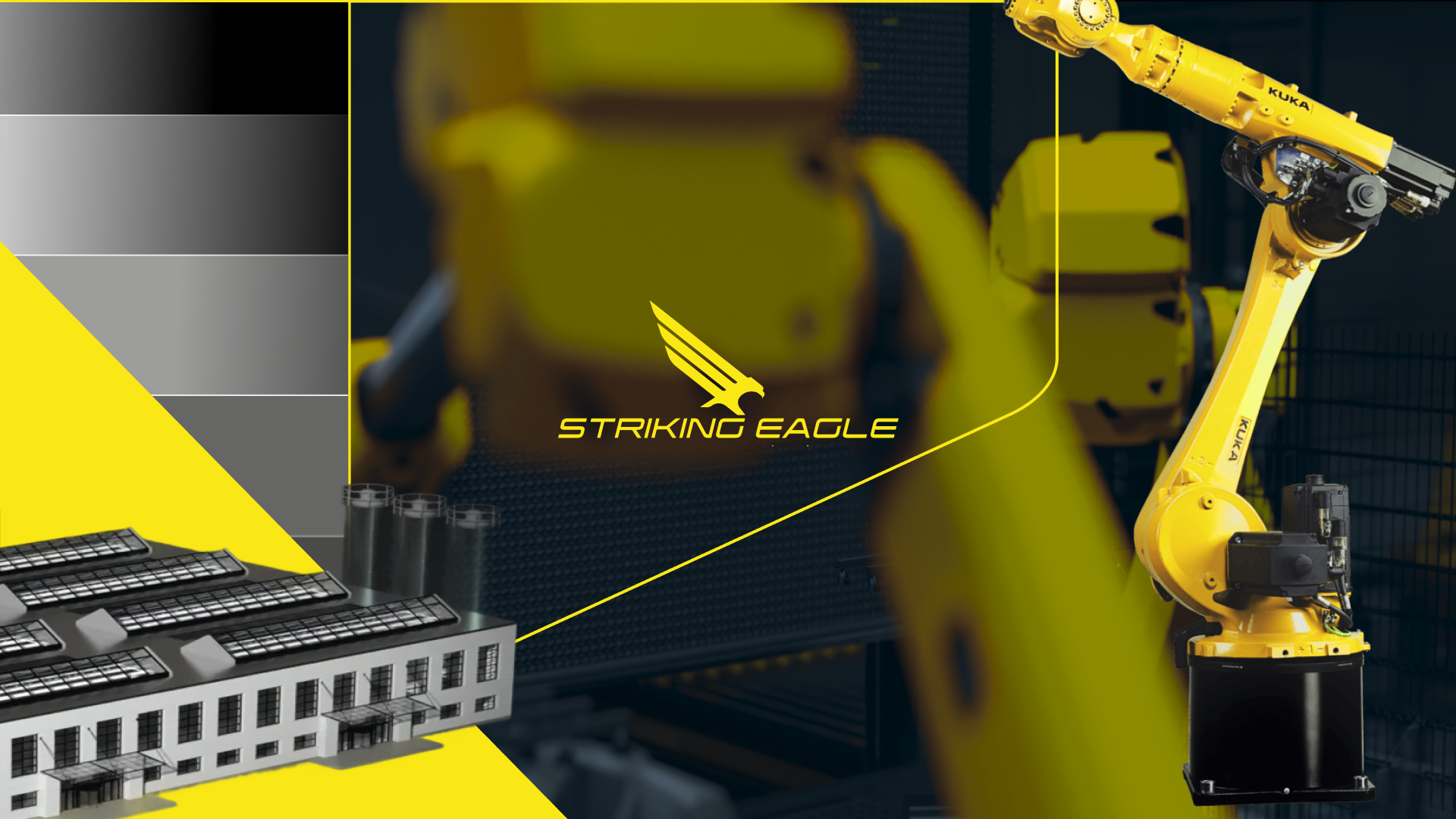 Yellow industrial robotic arm with a small building model and Striking Eagle logo on a dark background.
