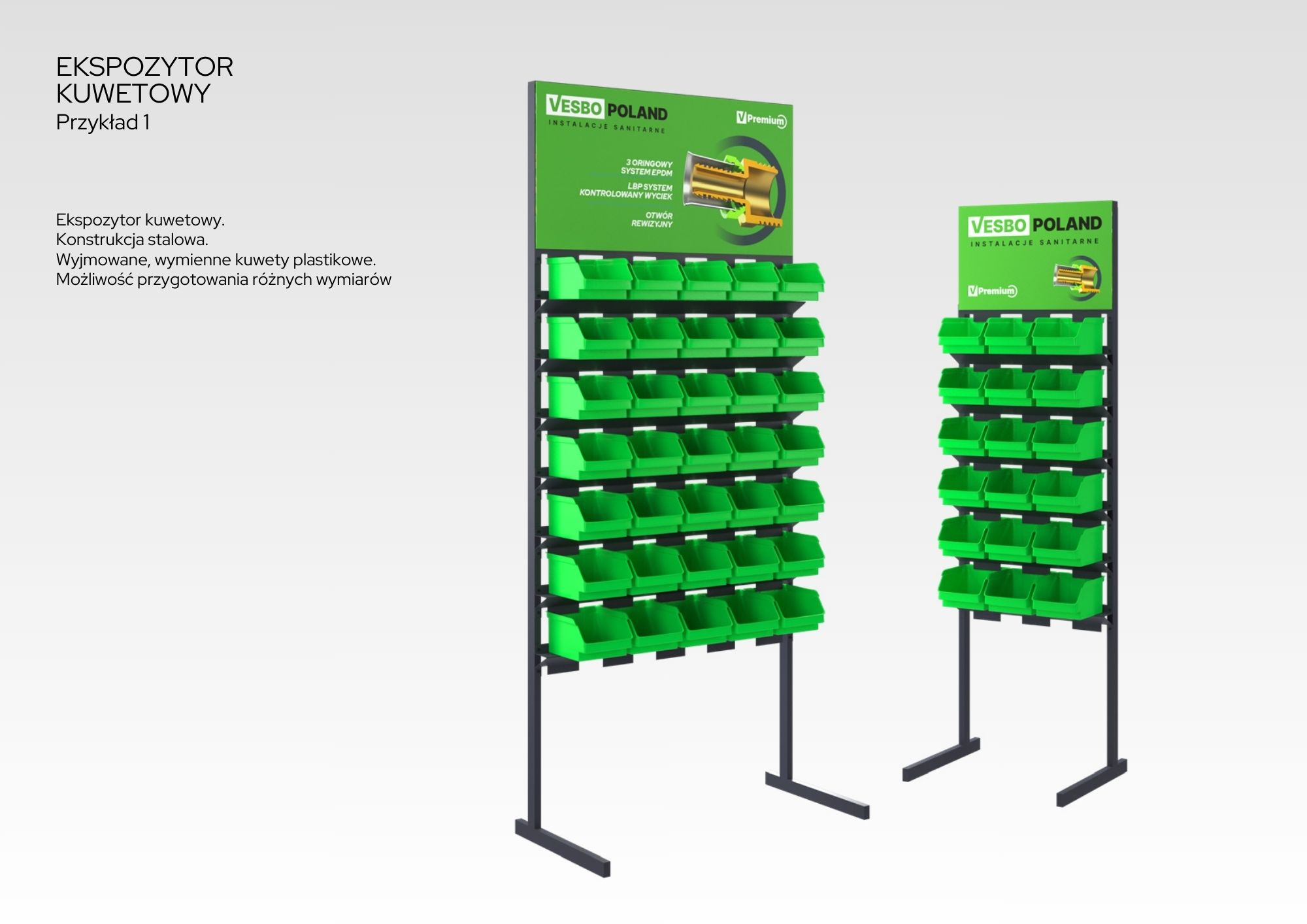 Two steel racks with multiple removable, green plastic bins for storage, labeled Vesbo Poland sanitary installations.
