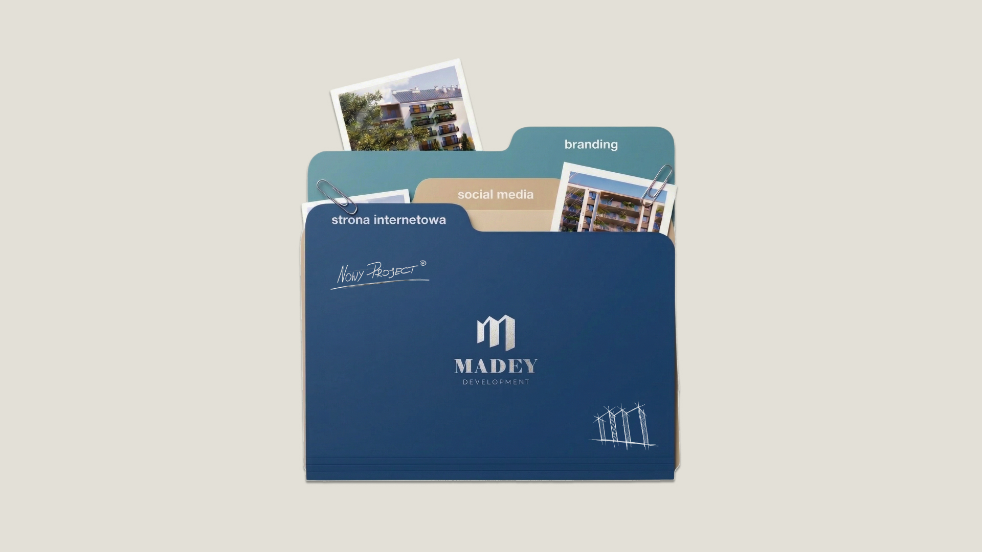 Three colored file folders labeled 'strona internetowa,' 'social media,' and 'branding,' with photos clipped to the top, featuring the logo and name 'Madey Development' on the front folder.
