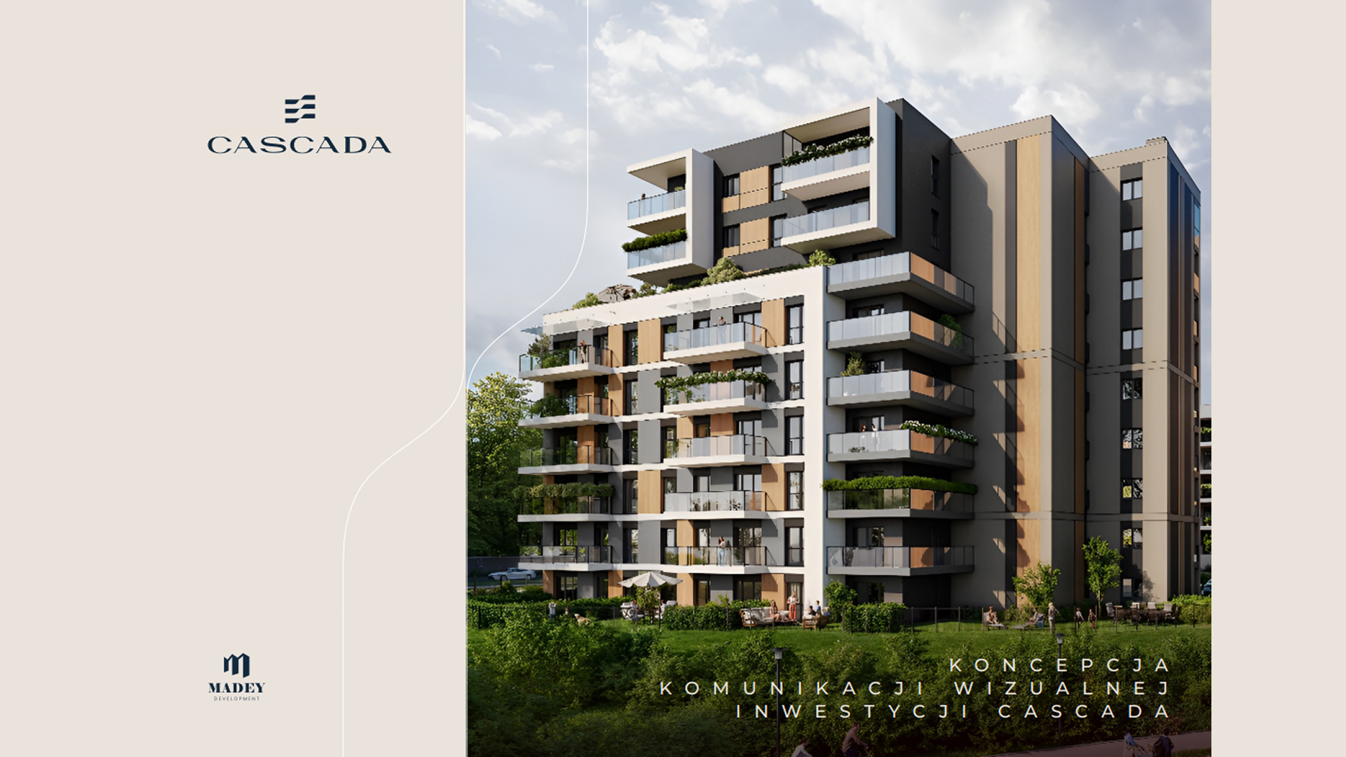 Modern multi-story apartment building with balconies and greenery, accompanied by Cascada and Madey Development logos.