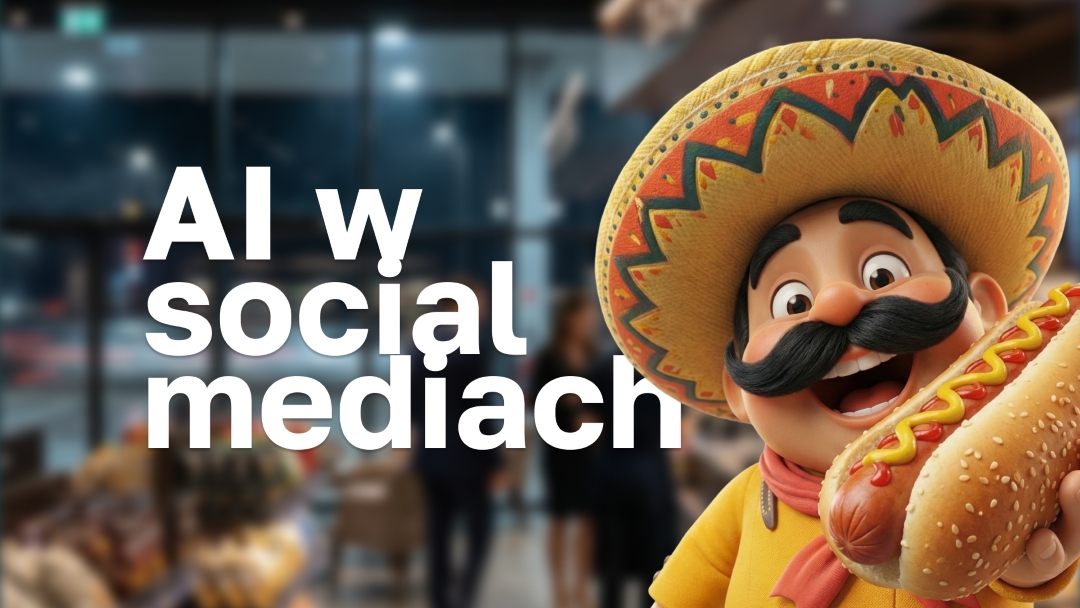 Cheerful cartoon man with a large mustache wearing a colorful sombrero holding a hot dog with mustard and ketchup in a blurred indoor setting.