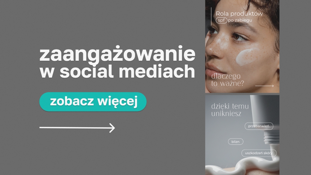 Face of a woman applying cream on cheek and text in Polish about social media engagement with a button saying 'see more'.