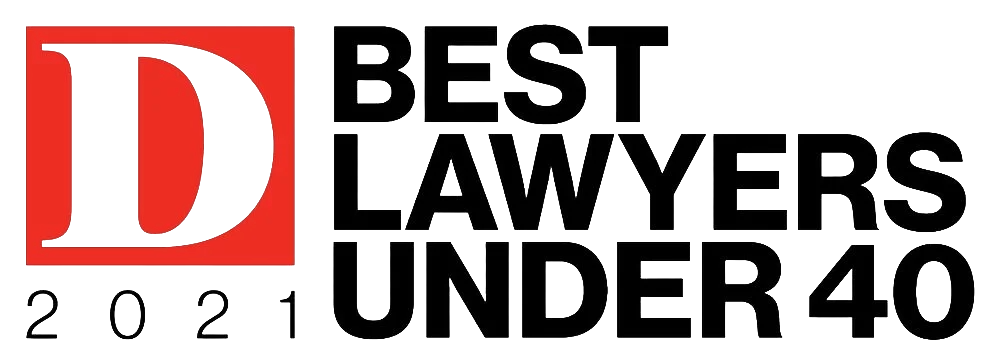 Logo featuring a large red D next to the text 'Best Lawyers Under 40' and the year 2021.