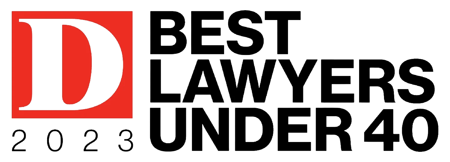 Red square with a large black letter D and text reading Best Lawyers Under 40 2023.
