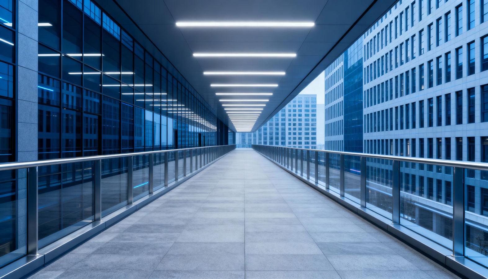 Symmetrical modern walkway between glass office buildings with overhead linear lights and glass railings.