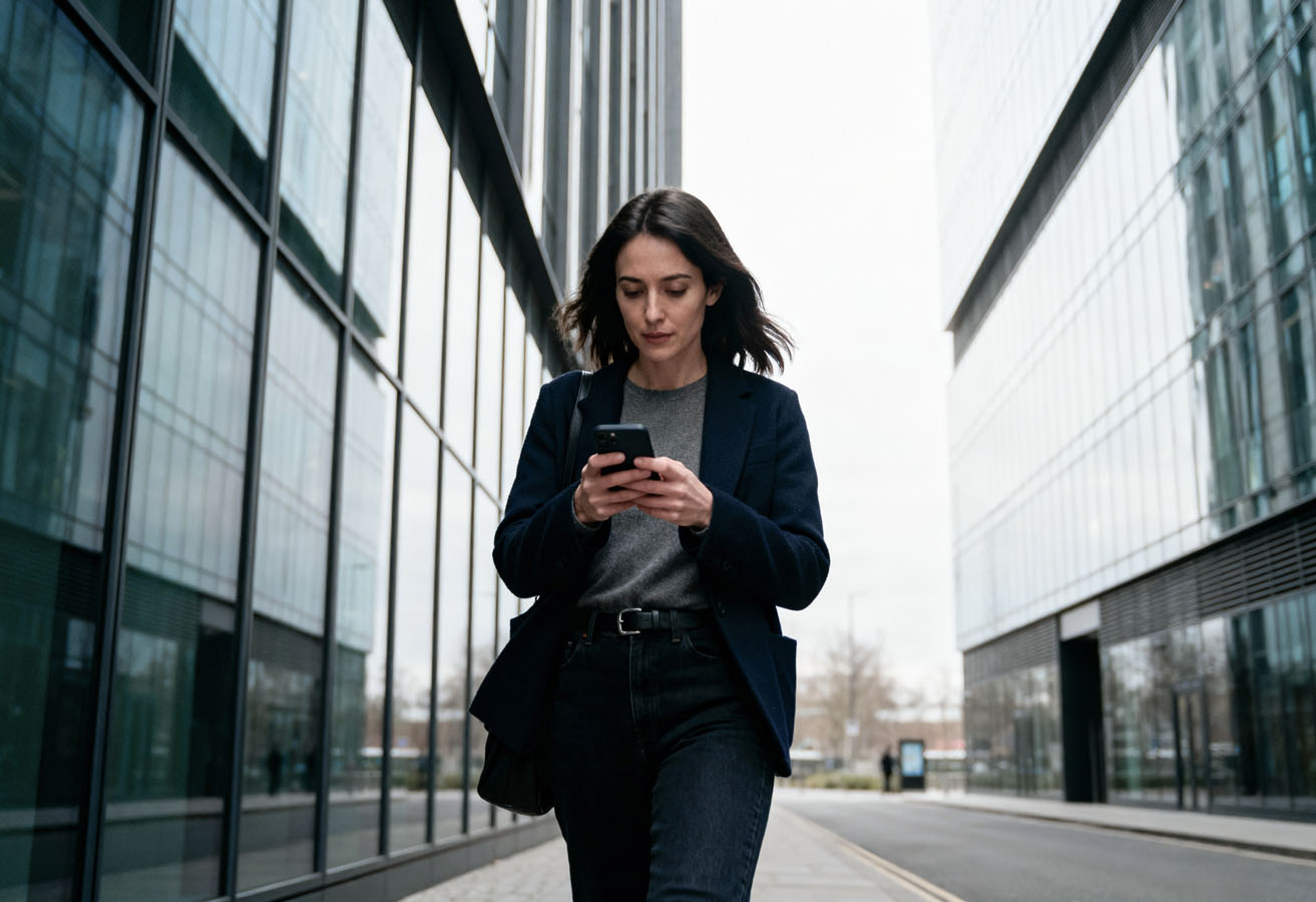 Young woman walking on city sidewalk between glass office buildings while looking at her smartphone.