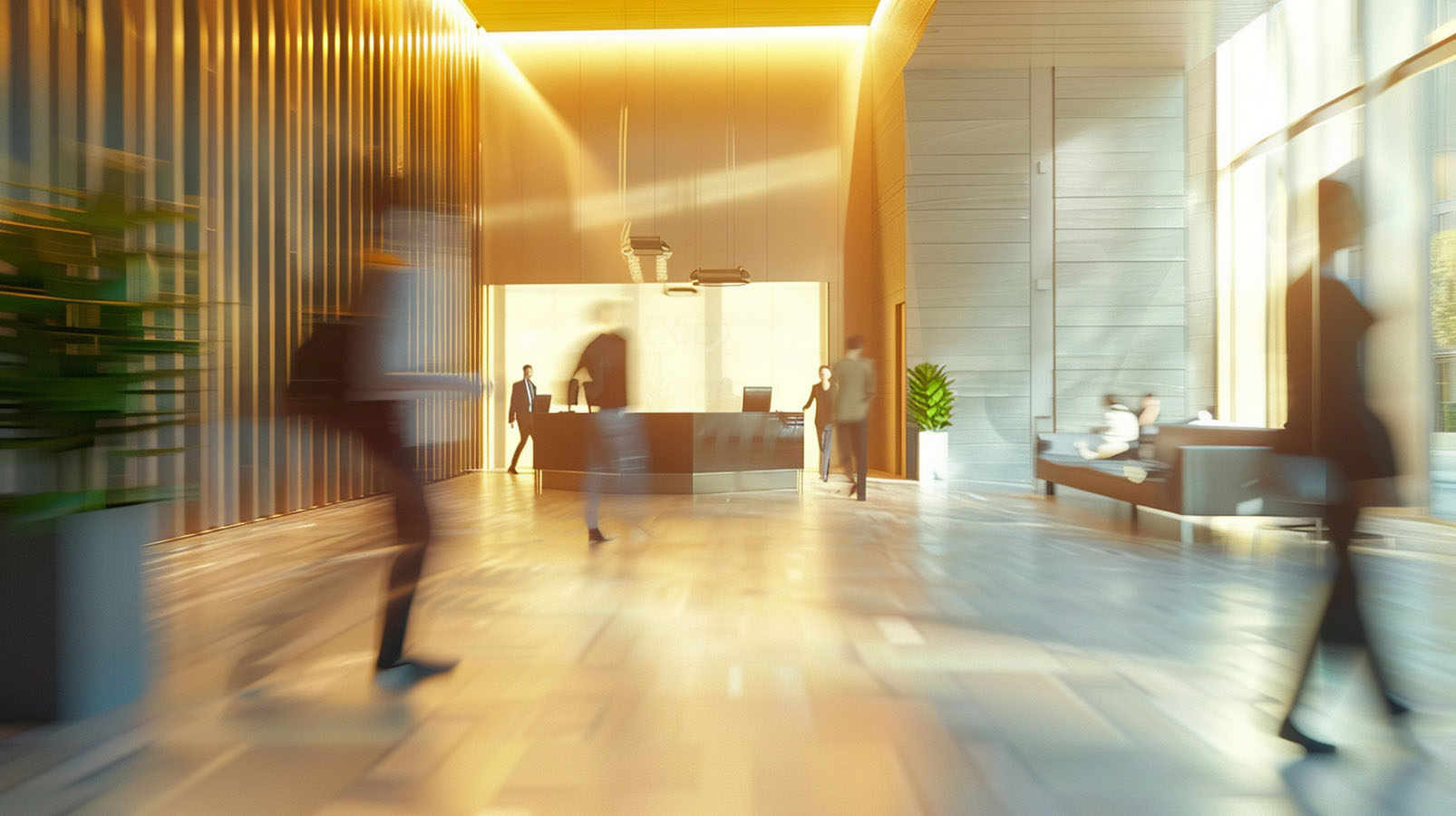 A blurry photo of people walking in a lobby.