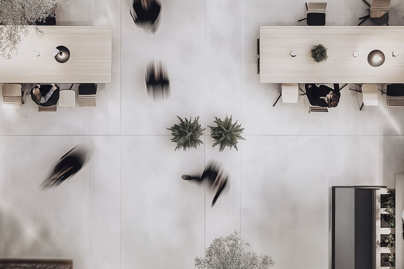 An overhead view of a living room and dining room.