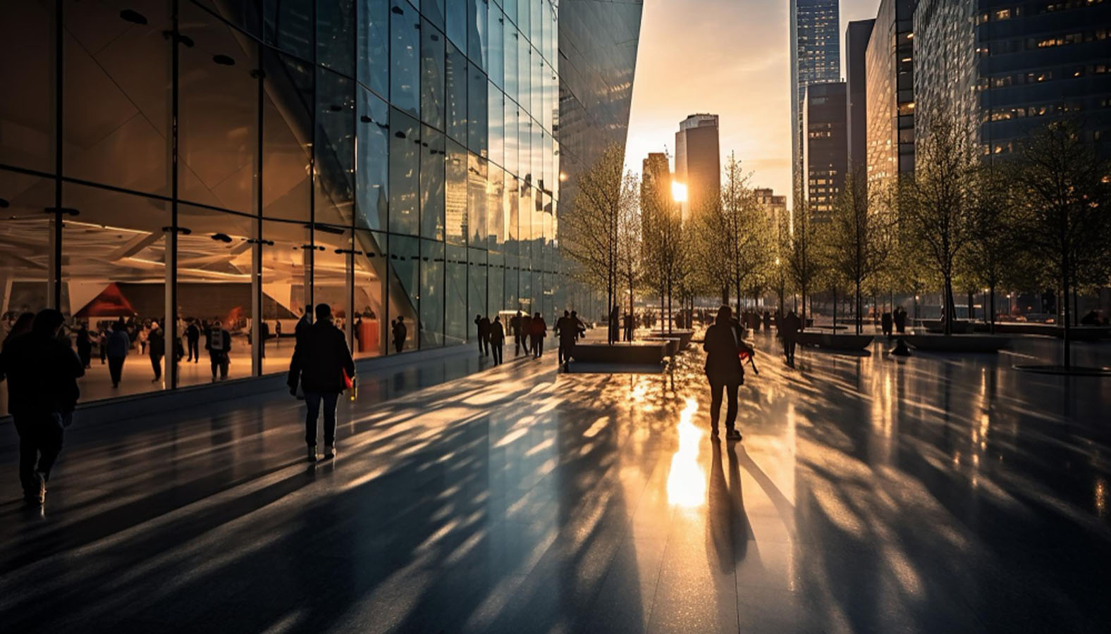 A group of people walking down a street next to tall buildings.