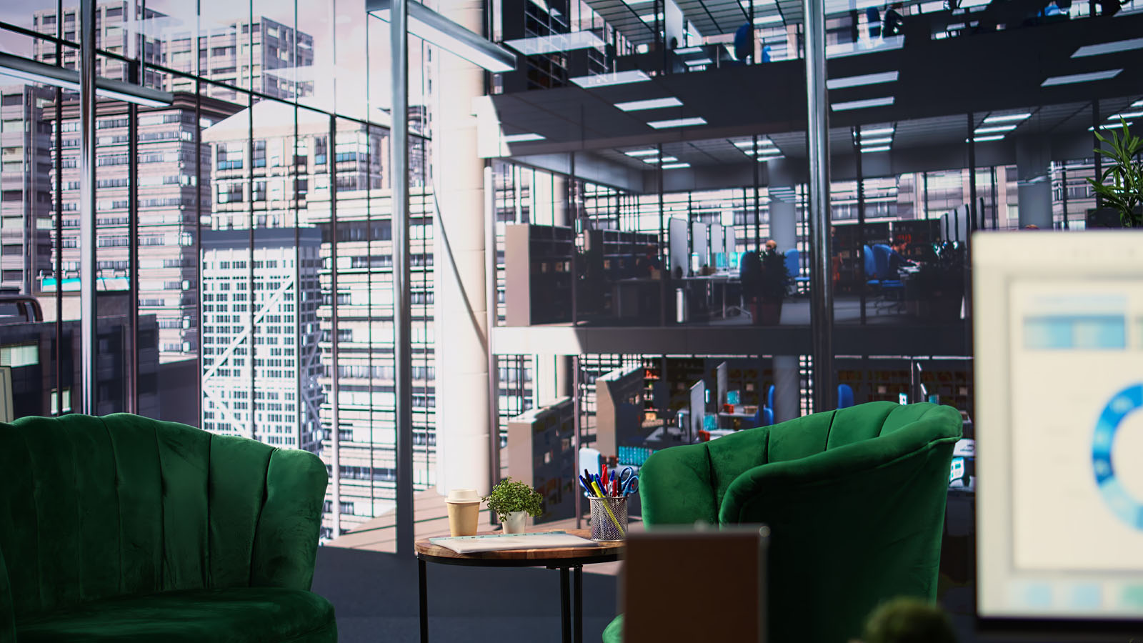 A room with two green chairs and a laptop.