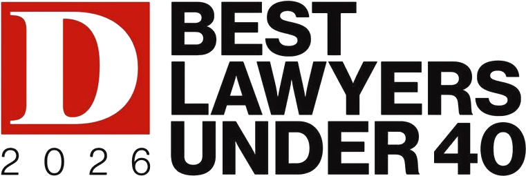 A red and black logo with the words best lawmakers under 40.