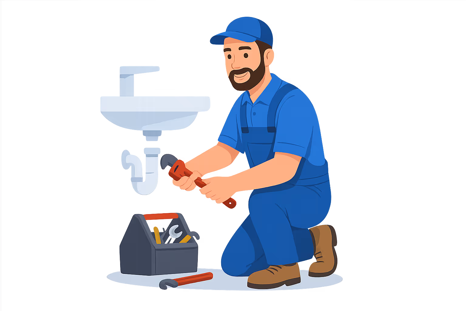 Smiling plumber in blue uniform and cap kneeling and fixing white sink pipe using a red wrench next to a toolbox with tools.