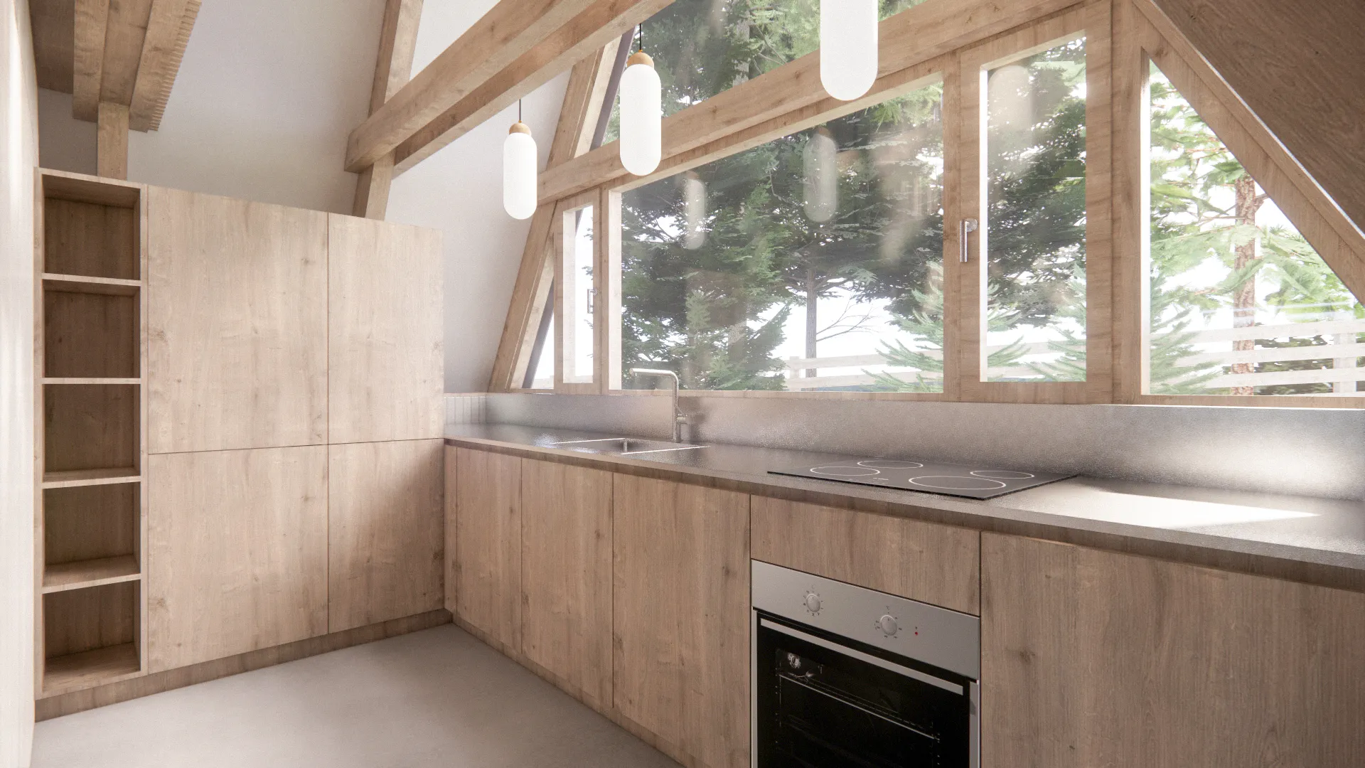 perspektivni pogled - vizualizacija kuhinje s pogledom proti gozdu