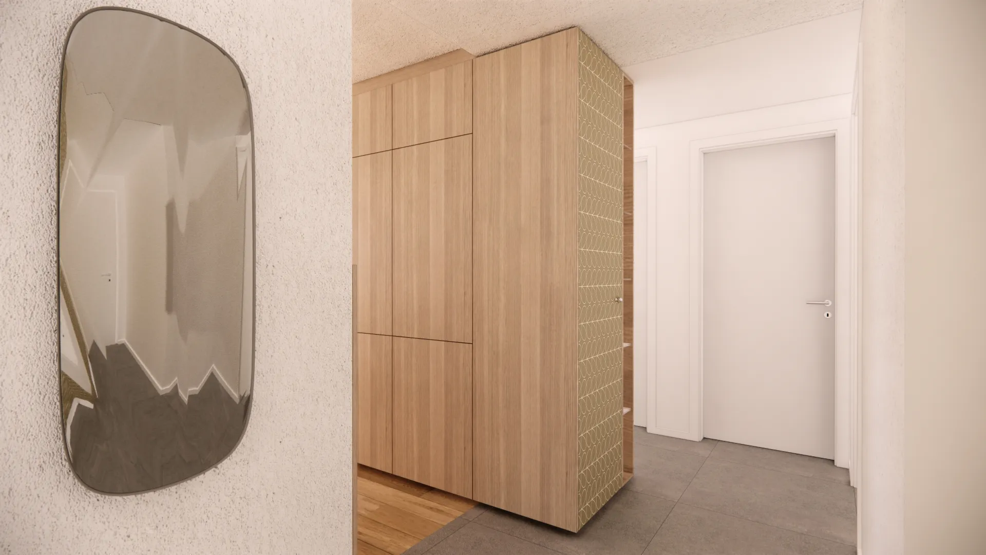 perspektivni pogled - vizualizacija hodnika z ogledalom in omaro s tapeto