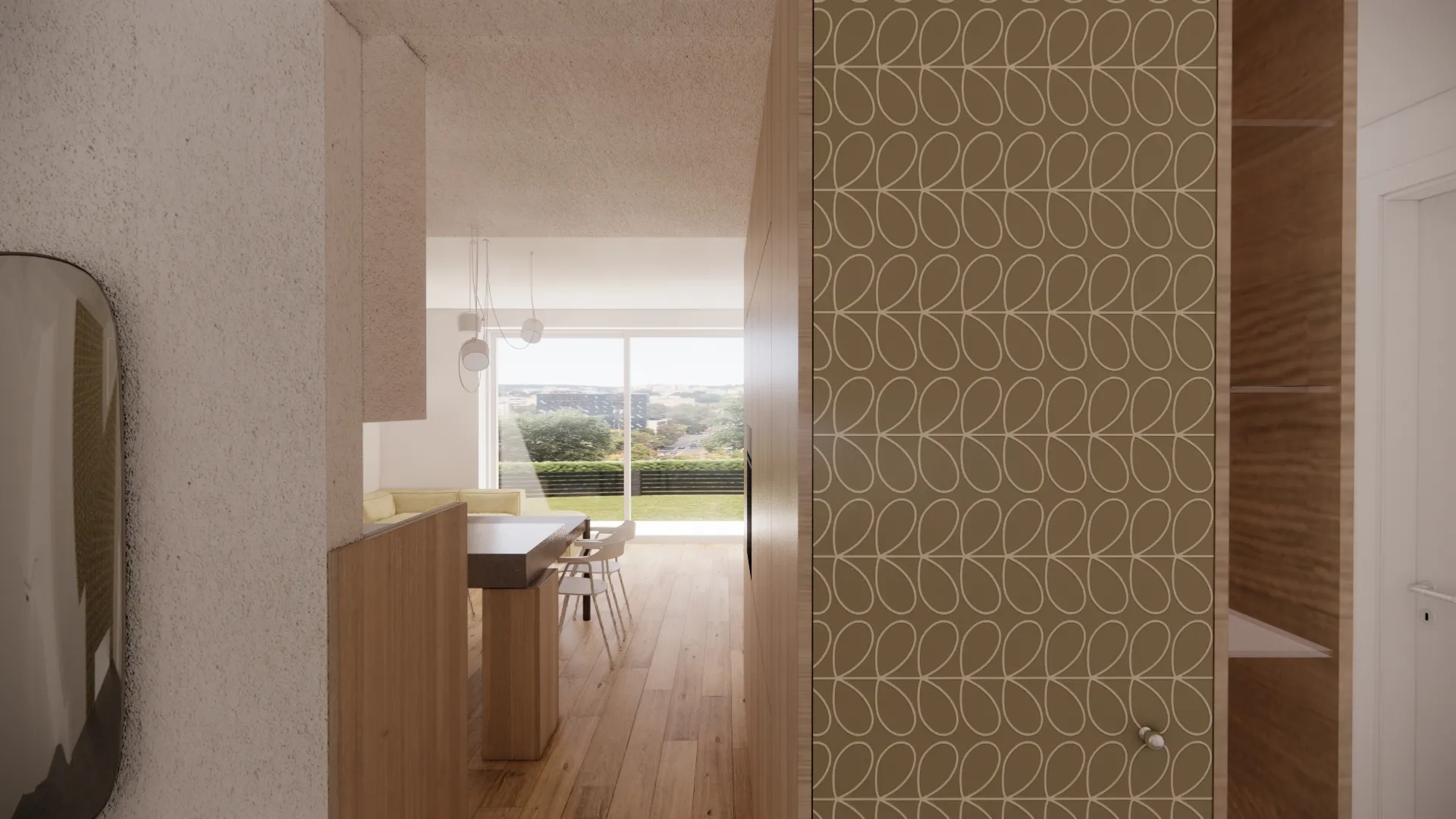 perspektivni pogled - vizualizacija prehoda iz hodnika v dnevno-bivalni prostor. Na levi strani je stensko ogledalo, na desni pa omara s tapeto.