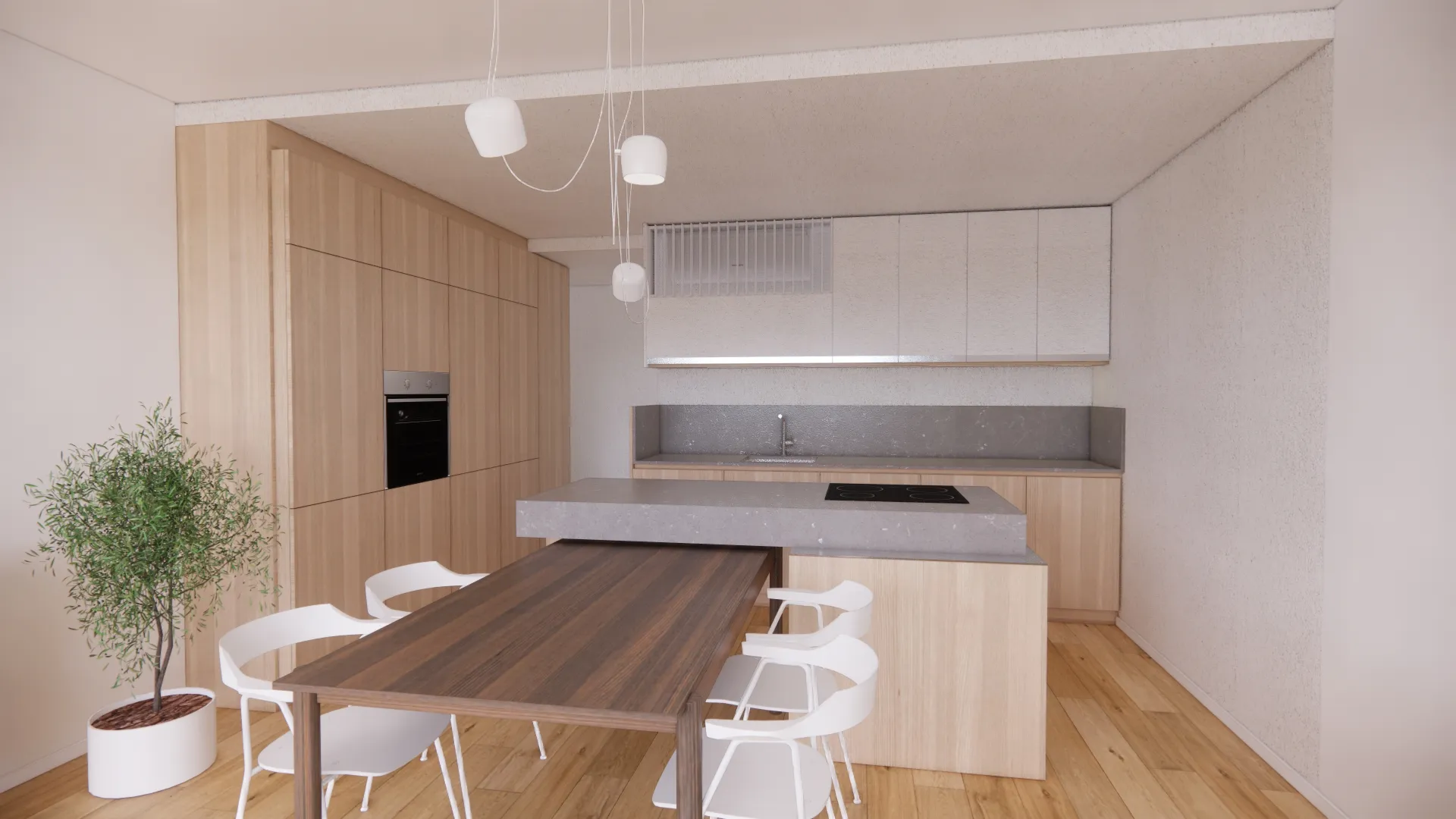 perspektivni pogled - vizualizacija pogleda na jedilno mizo, ki se "zajeda" pod kuhinjski otok