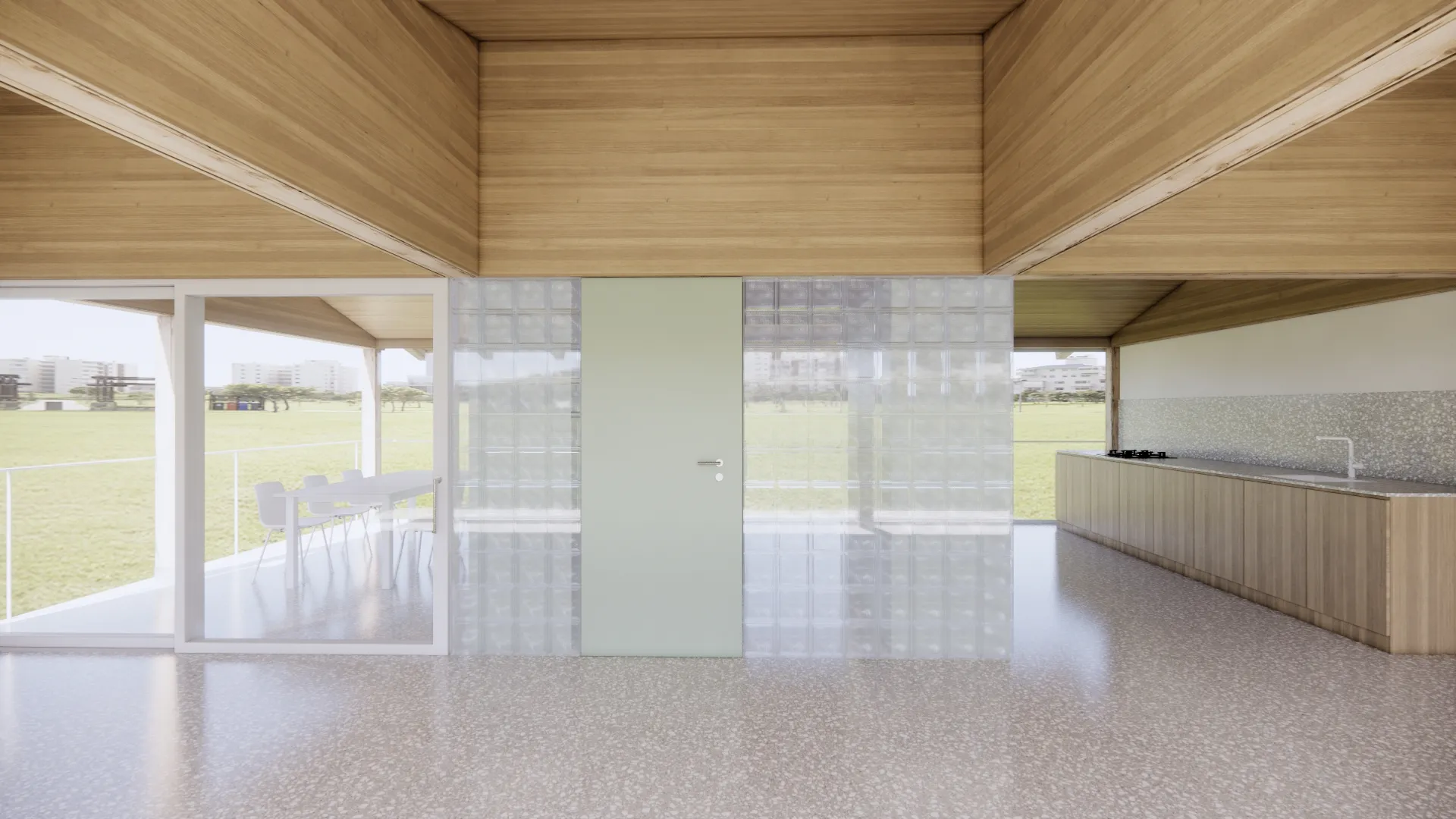 perspektivni pogled - vizualizacija pogleda iz dnevne sobe proti vhodnemu centralnemu kubusu