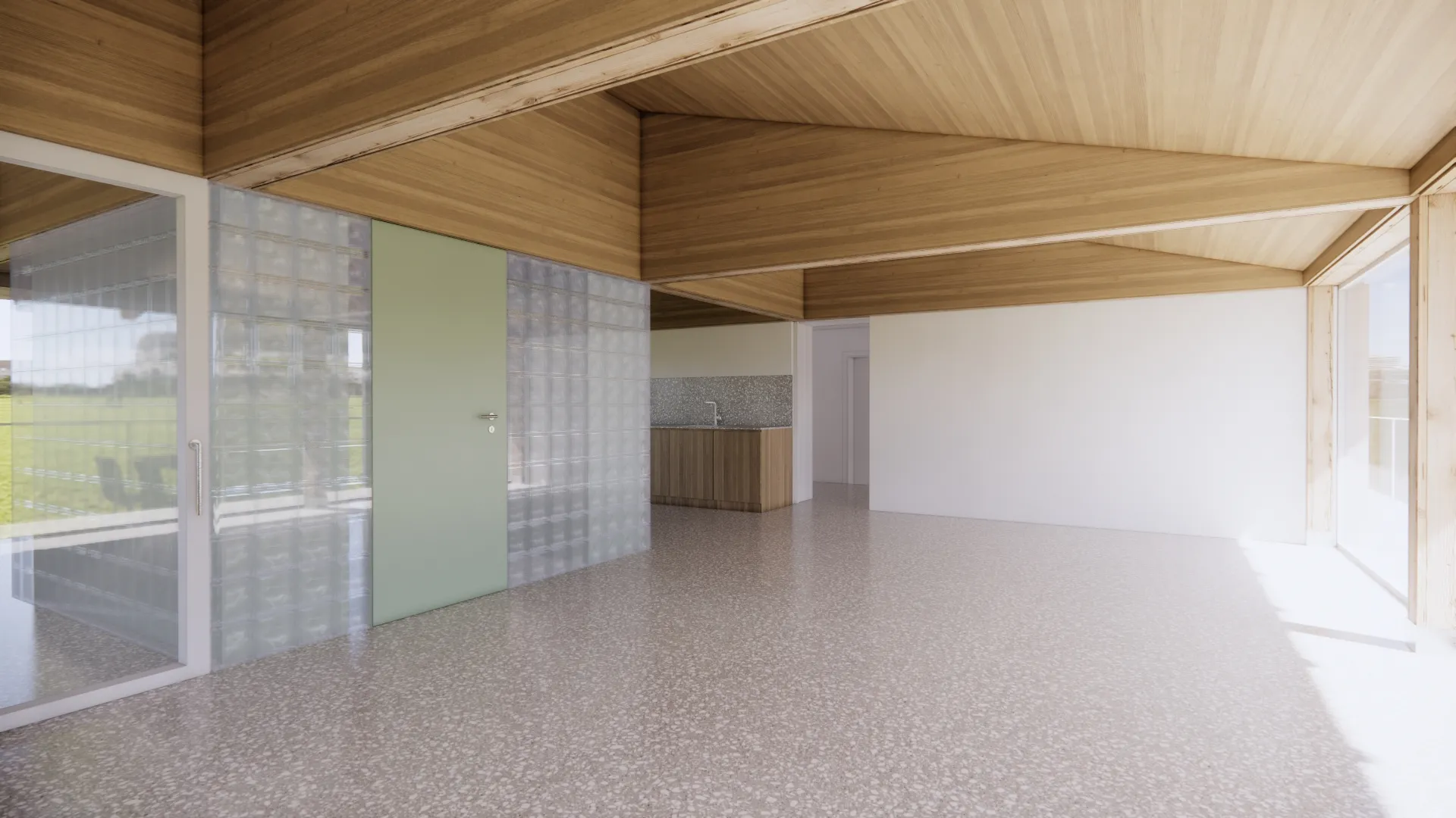 perspektivni pogled - vizualizacija pogleda iz dnevne sobe proti jedilnici in kuhinji