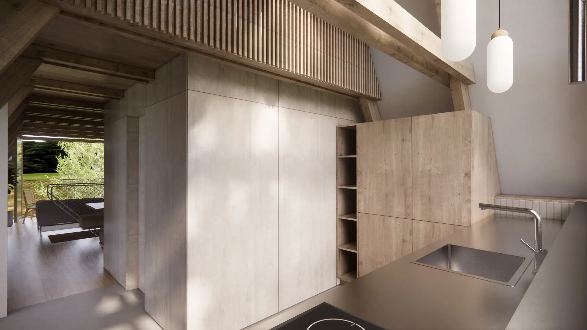 perspektivni pogled - vizualizacija pogleda iz kuhinje proti dnevni sobi