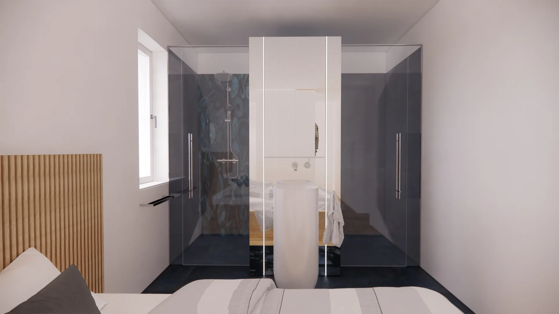 perspektivni pogled - vizualizacija pogleda iz postelje proti in-suit kopalnici