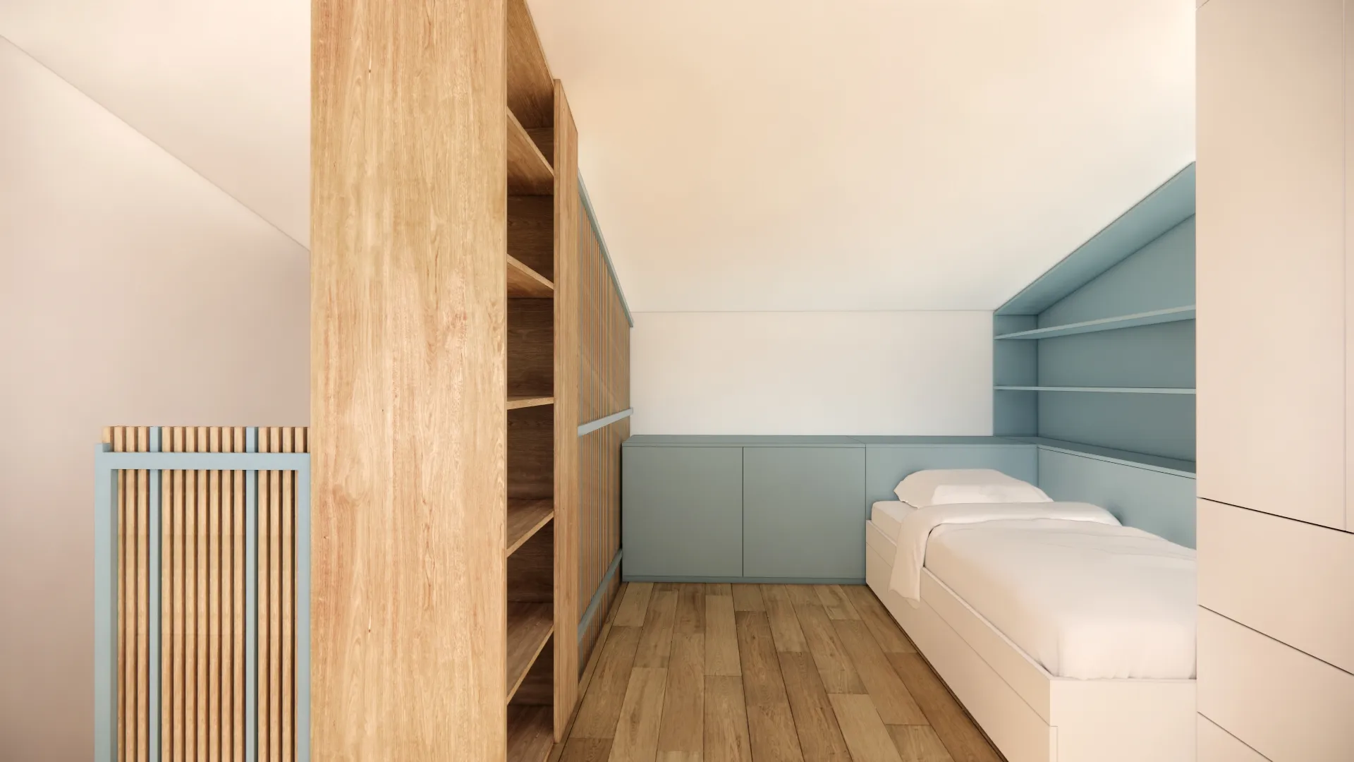 perspektivni pogled - vizualizacija zgornje etaže otroške sobe - spalni del