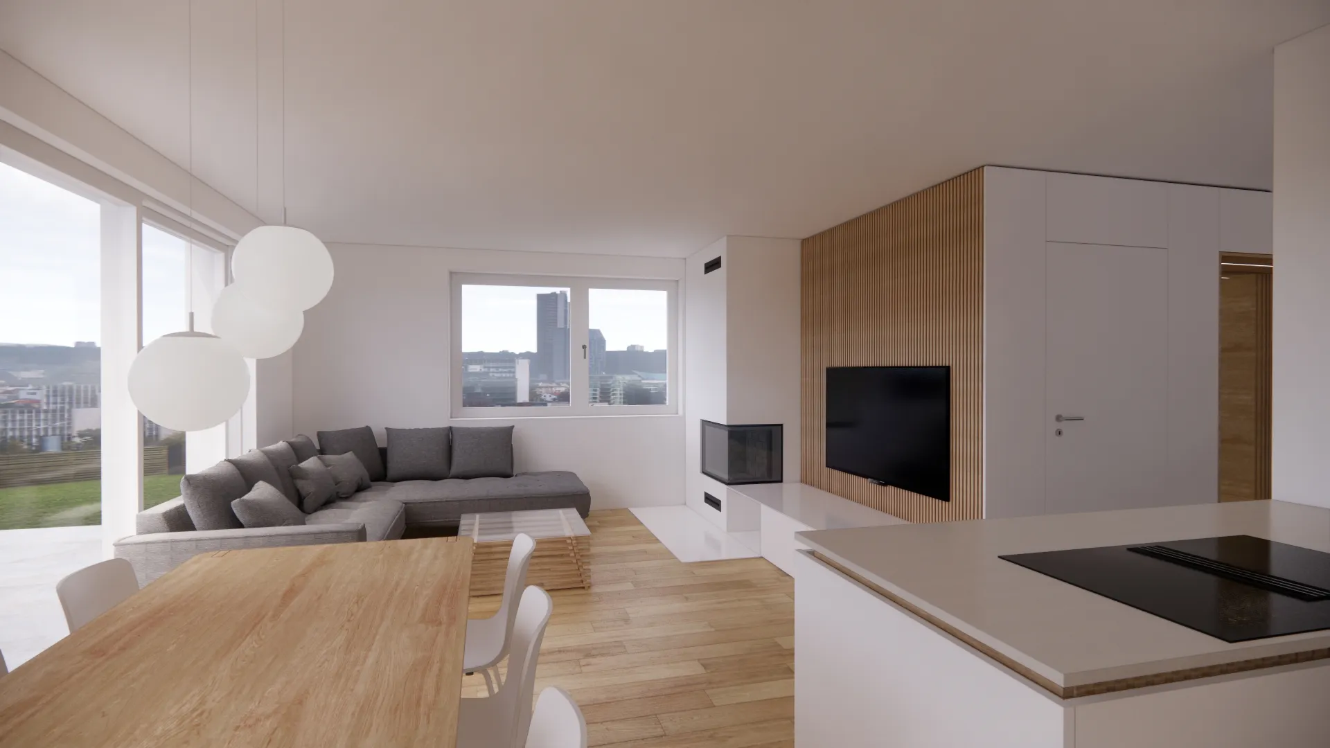 perspektivni pogled - vizualizacija pogleda iz kuhinje proti dnevni sobi