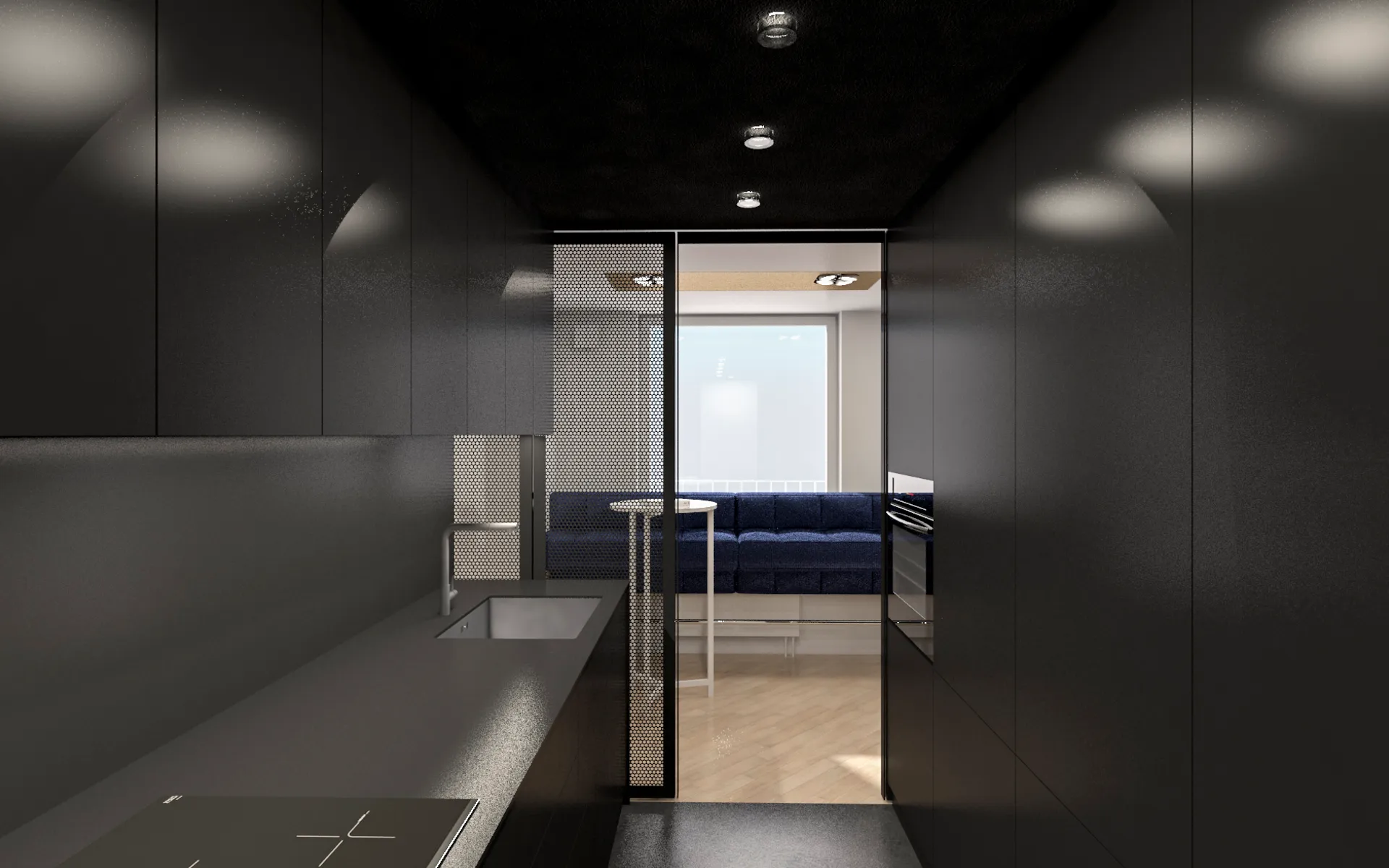 perspektivni pogled - vizualizacija pogleda iz kuhinje proti zajtrkovalnemu kotičku