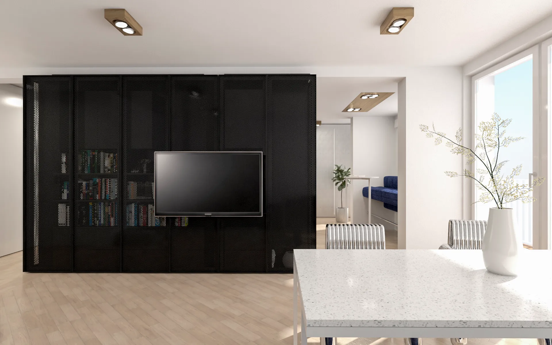 perspektivni pogled - vizualizacija pogleda od jedilne mite proti osrednjemu kubusu "črne kuhinje"