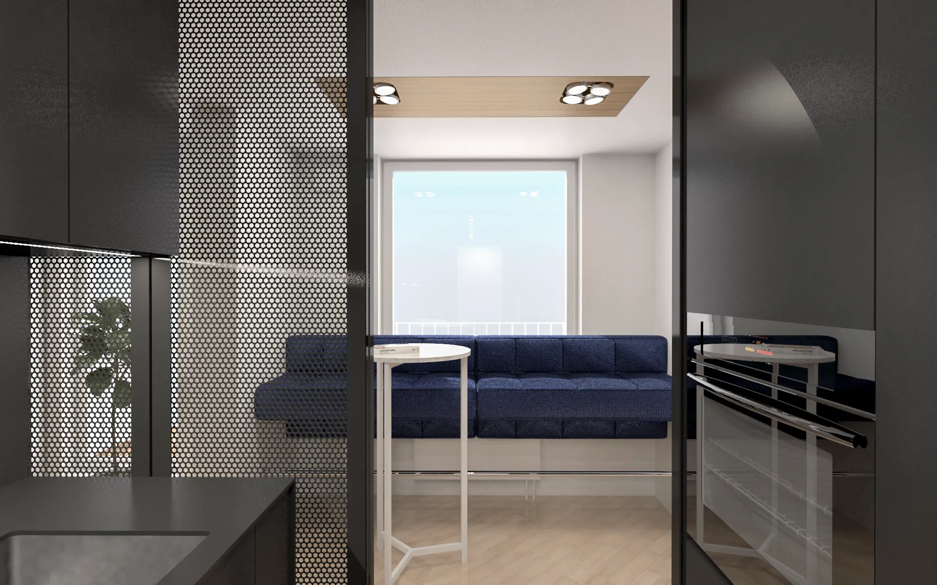 perspektivni pogled - vizualizacija pogleda preko perforirane pločevine na zajtrkovalni kotiček