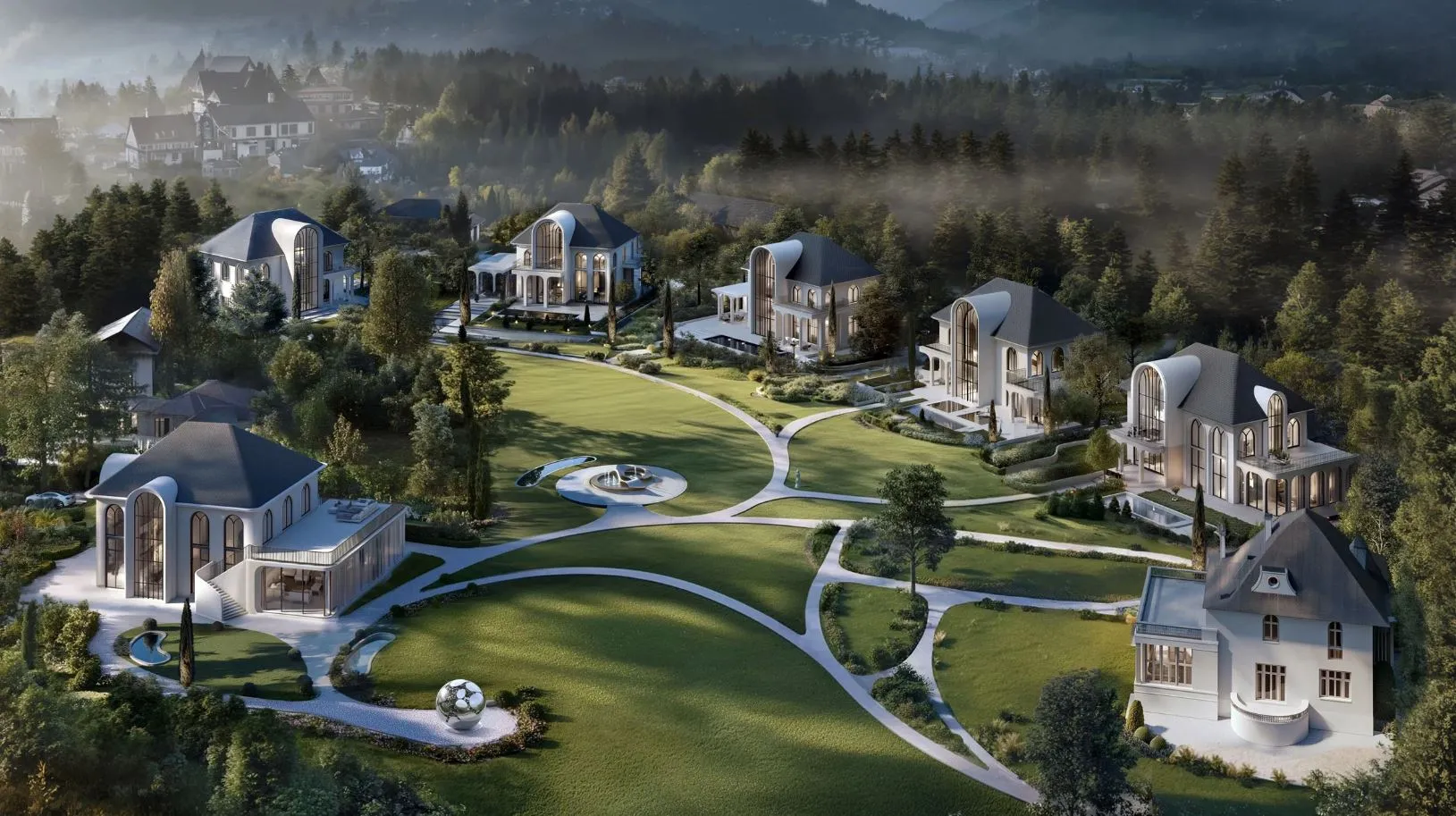 Vizualizacija stanovanjskega naselja na Bledu, izdelanega s pomočjo AI, arhitekt: Tim Fu