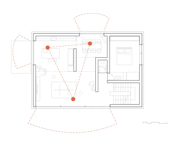 tlorisni prikaz gibanja med prostori z razgledi v ozadju