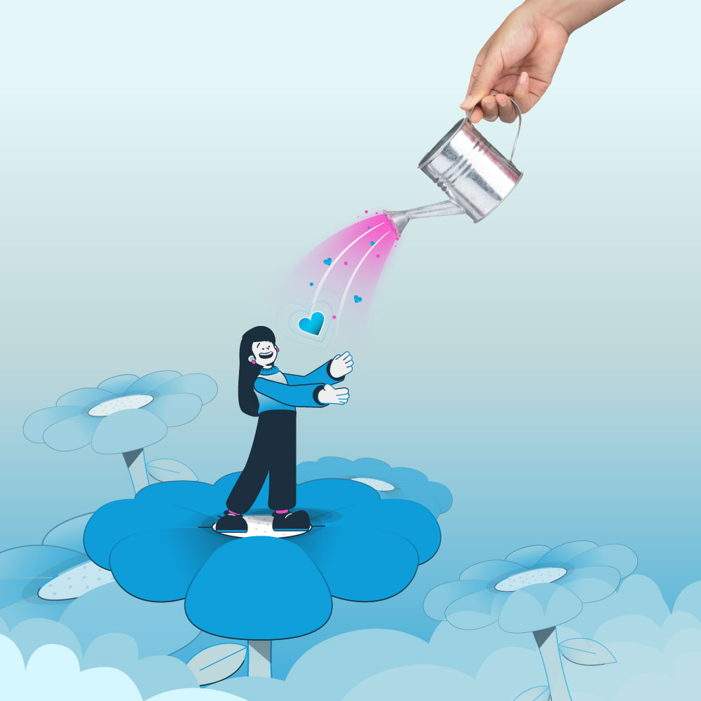 Illustration of a smiling person standing on a large flower while a hand waters them with a watering can, sprinkling colorful hearts and sparkles.