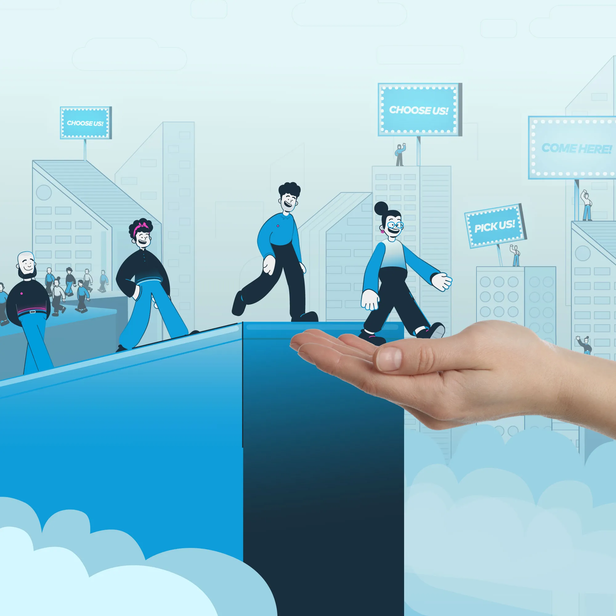Illustration of people walking across a gap supported by a human hand, symbolizing guidance and customer support, with signs saying ‘Choose us!’ and ‘Pick us!’ in the background.