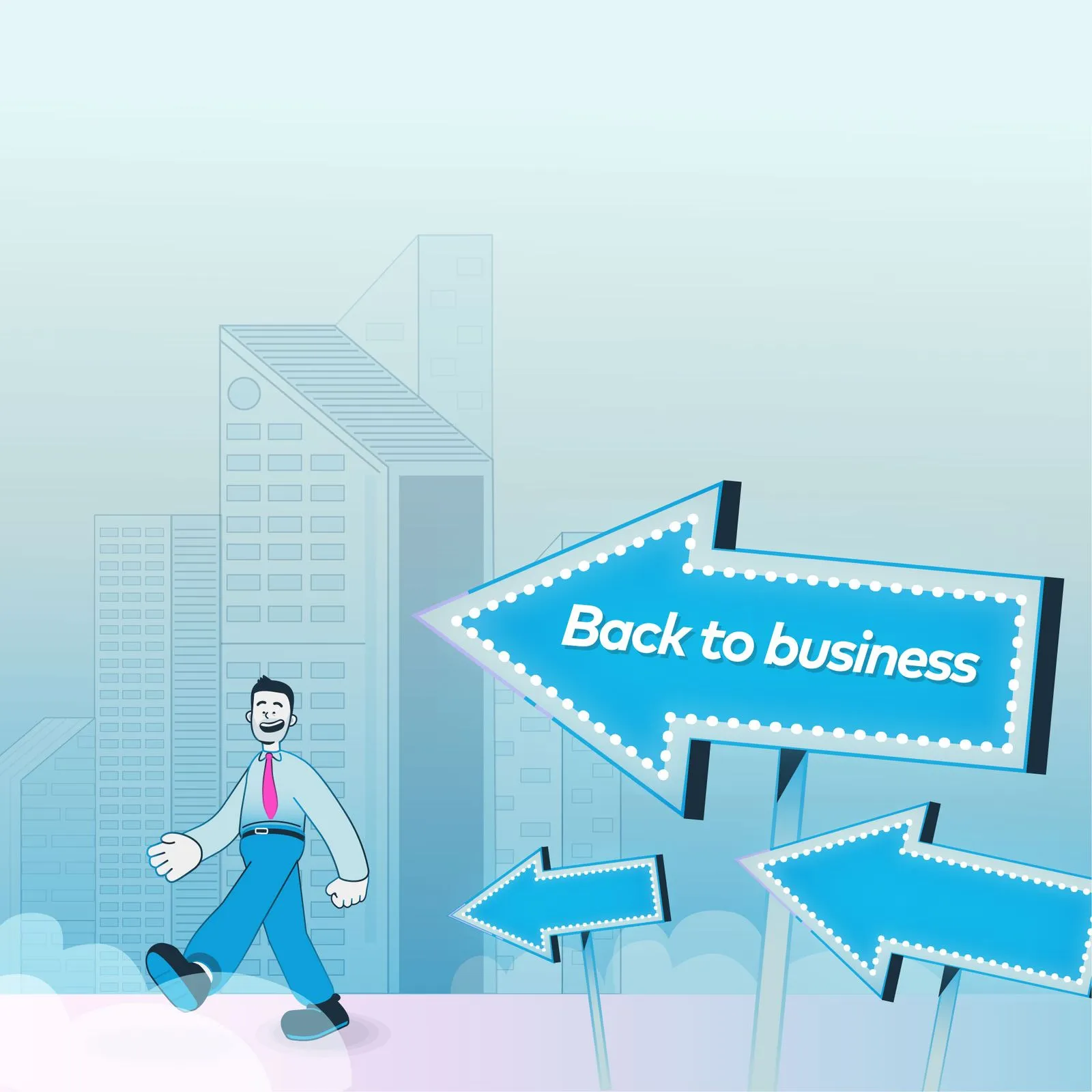 Illustration of a smiling person walking toward large glowing signs that say ‘Back to business’ in a cityscape background.