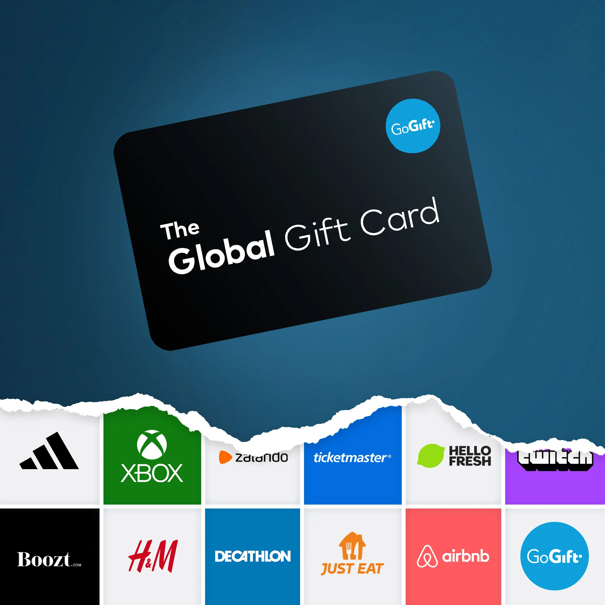 Image of the GoGift Global Gift Card above a grid of popular brand logos including Adidas, Xbox, Zalando, Ticketmaster, HelloFresh, Twitch, Boozt, H&M, Decathlon, Just Eat, Airbnb, and GoGift.