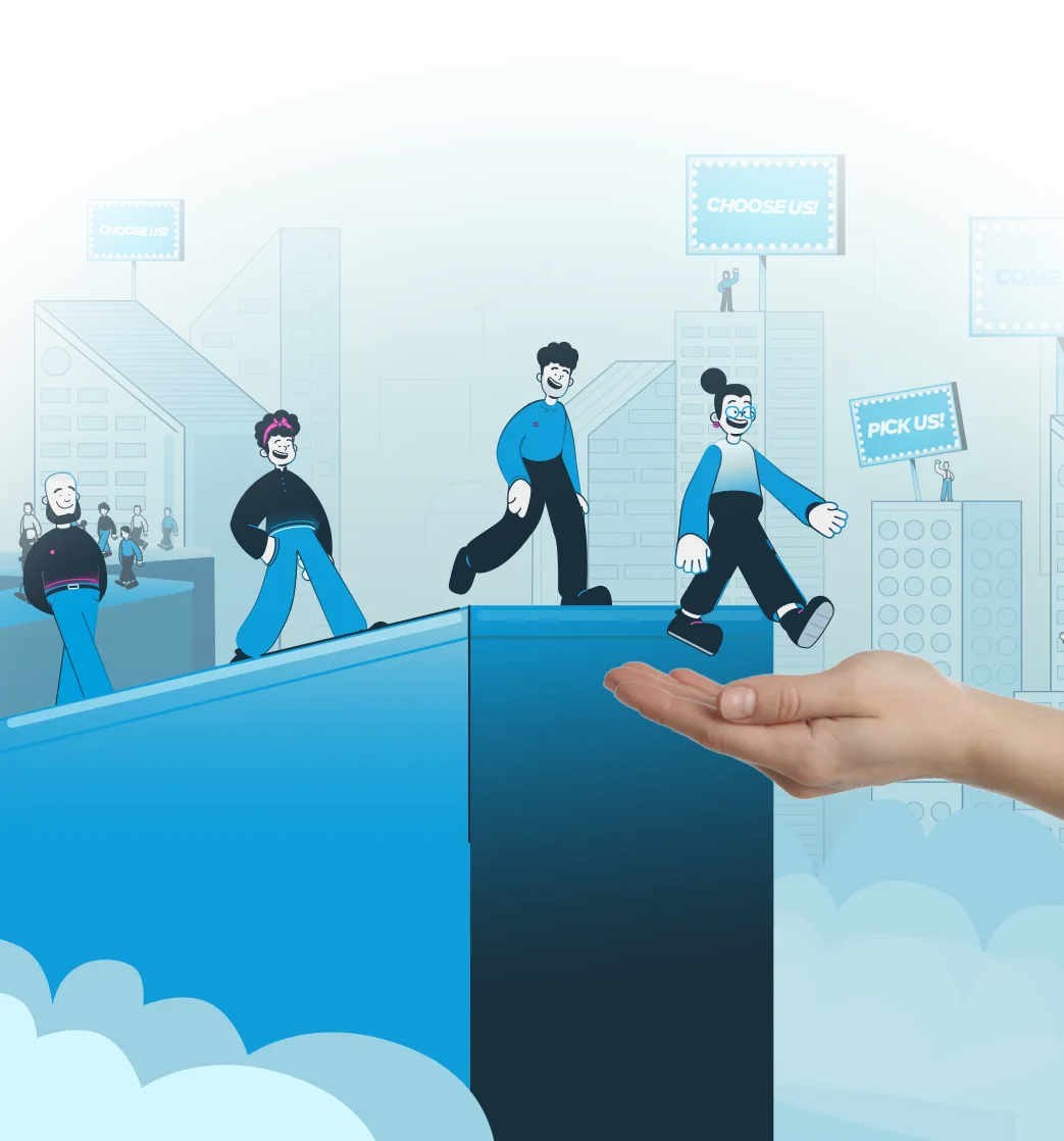 Illustration of four people walking off a ledge and being caught by a large open hand below, with city buildings and signs saying 'Choose Us!' and 'Pick Us!' in the background.
