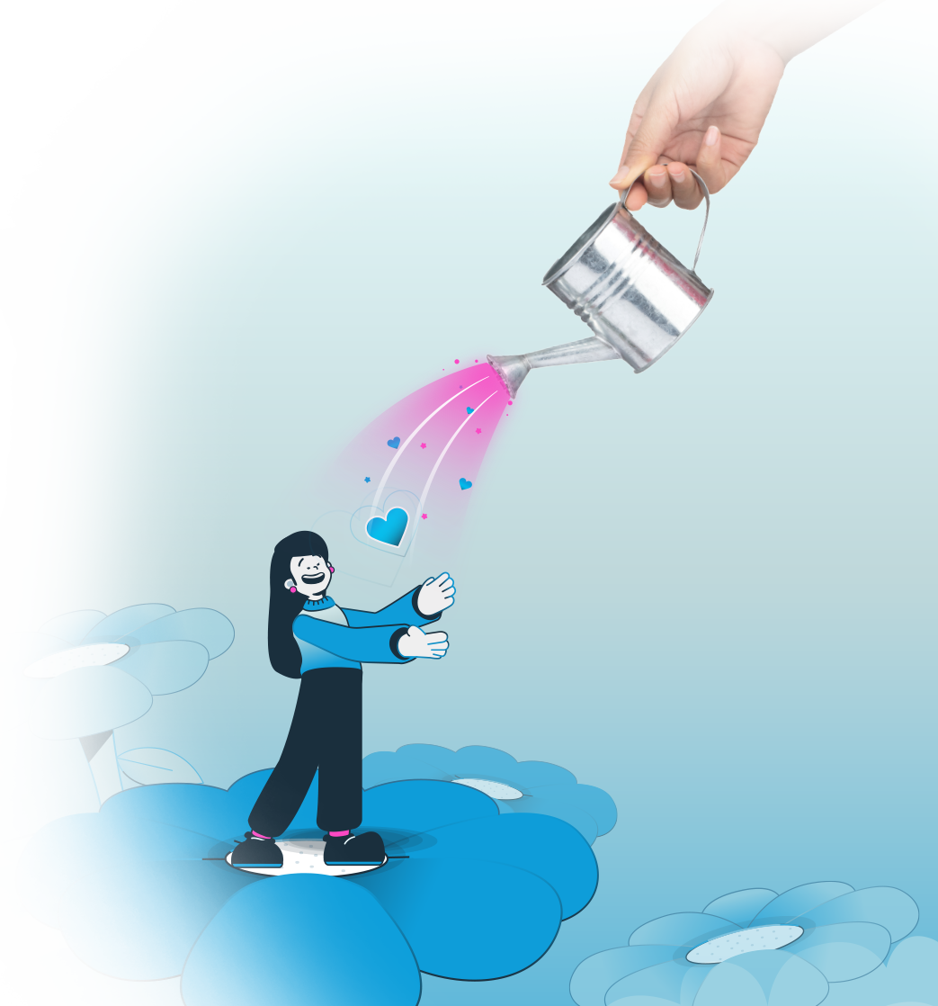 Illustration of a smiling person reaching up as a hand pours pink and blue heart-shaped sparkles from a watering can.