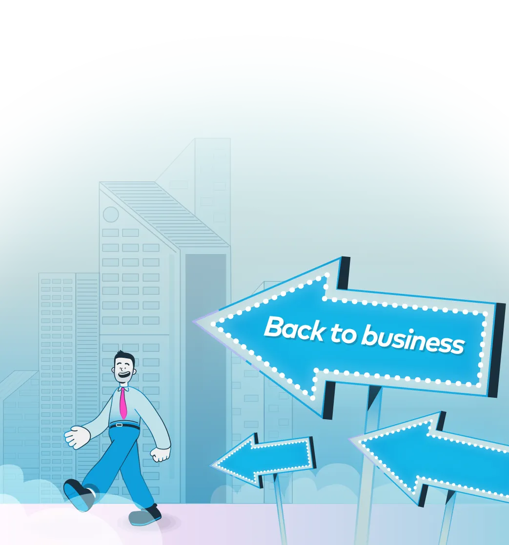 Illustration of a smiling man walking past blue arrow signs, with the largest arrow reading 'Back to business,' set against a cityscape background.