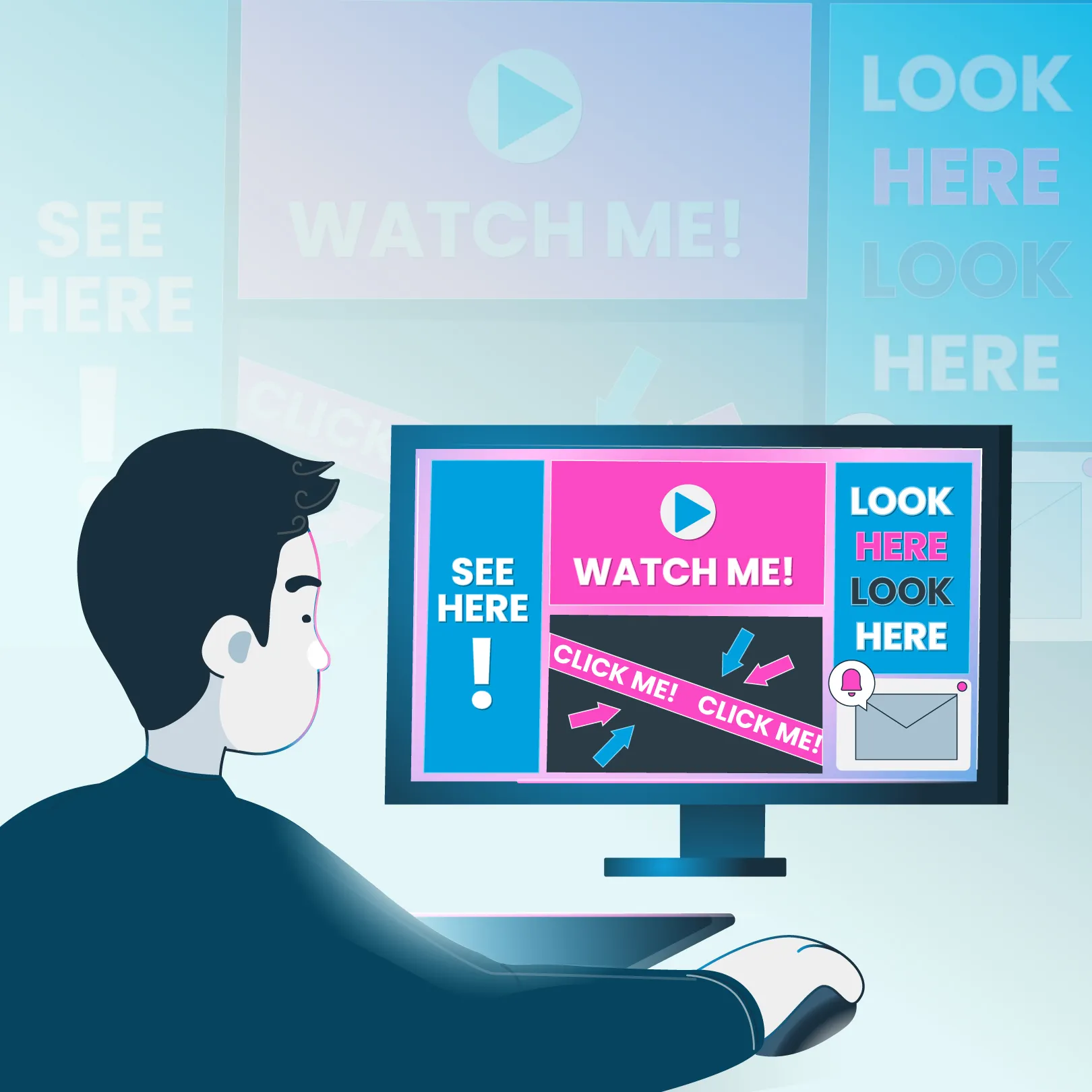 Illustration of a person looking at a computer screen filled with loud call-to-action messages like ‘Watch me!’, ‘See here’, ‘Click me!’, and ‘Look here’.