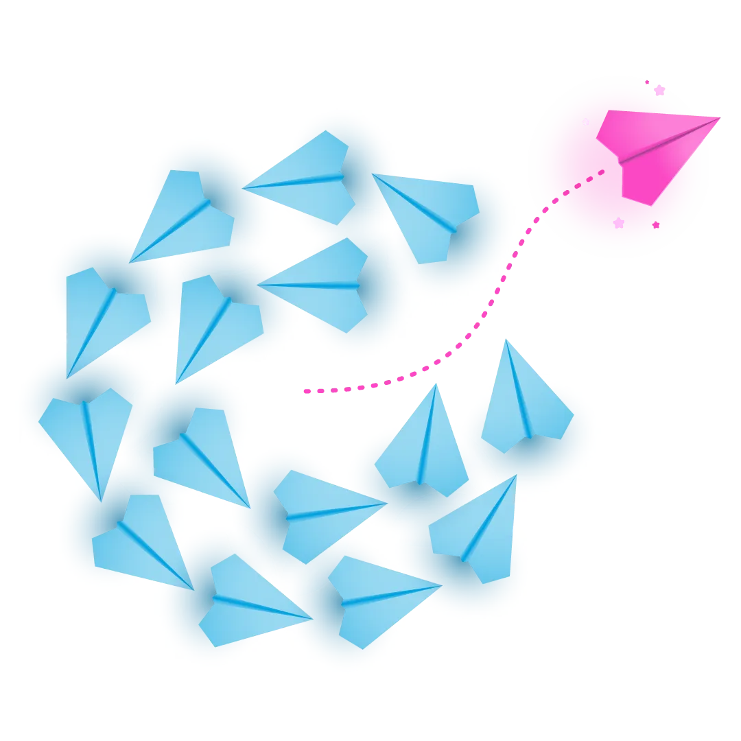 Illustration of a pink paper plane breaking away from a group of blue planes, following its own dotted path.