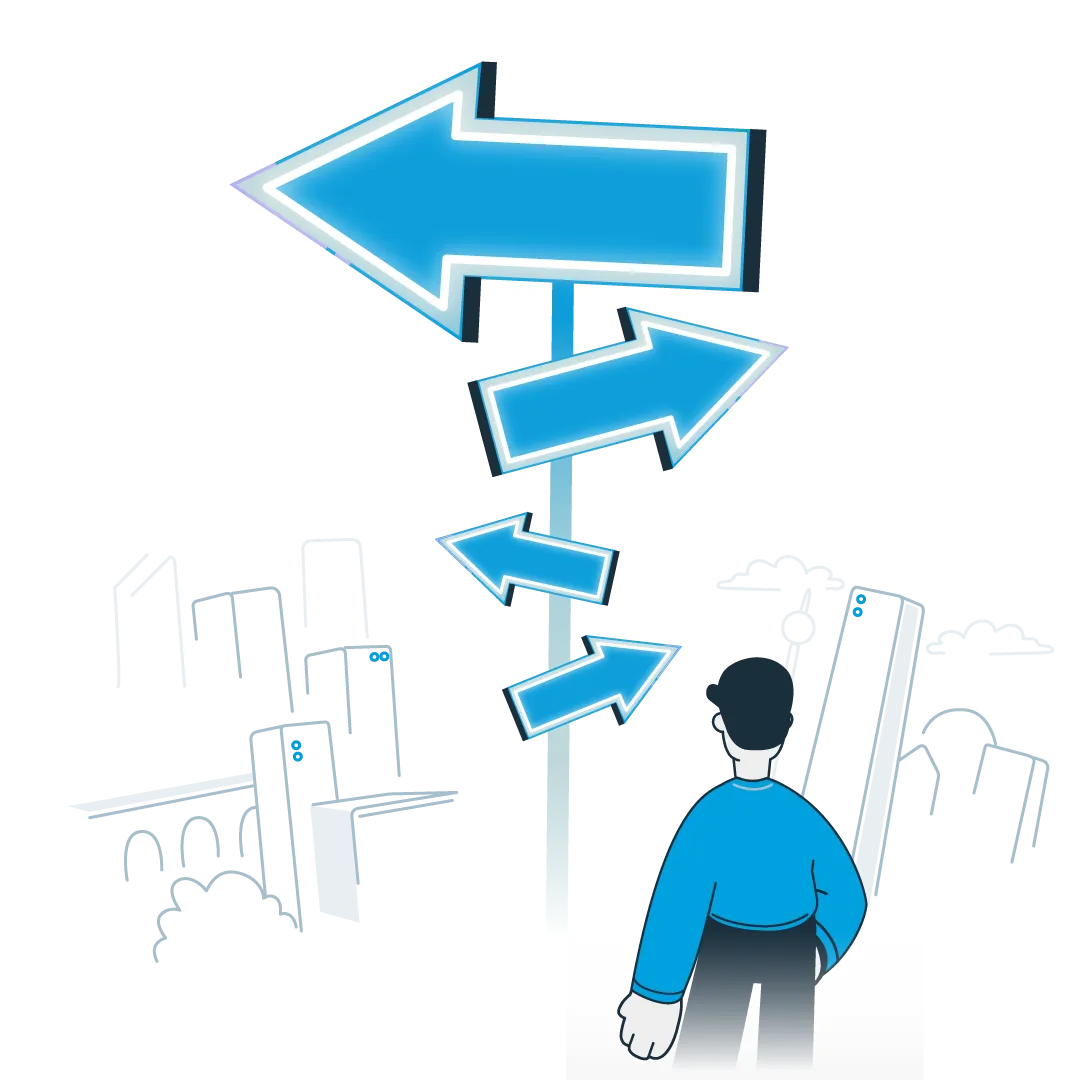 Illustration of a person looking up at a post with multiple large arrows pointing in different directions.