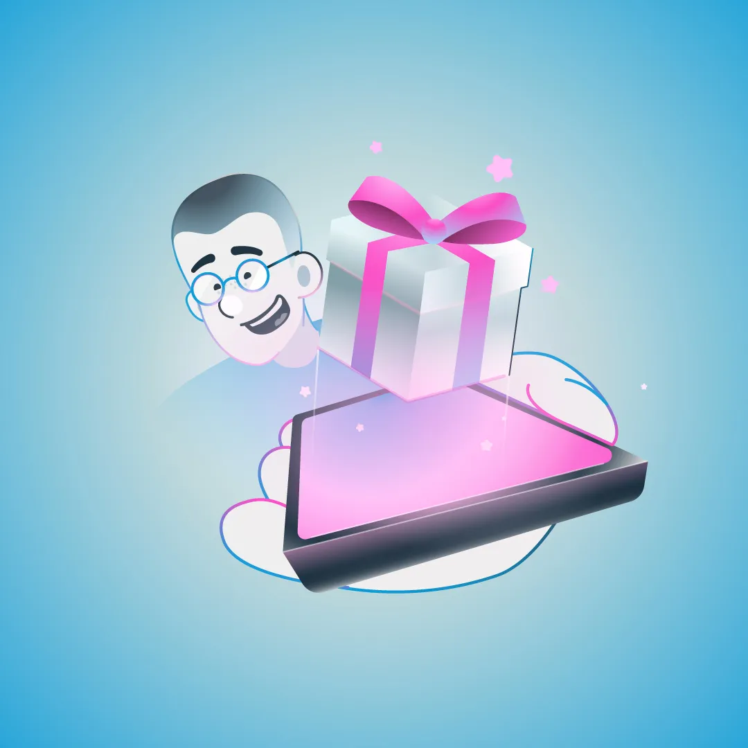 Illustration of a smiling person watching a gift box appear above a glowing smartphone screen.