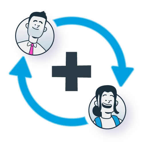 Illustration of two people connected by curved arrows with a plus sign, representing referral-based lead generation.
