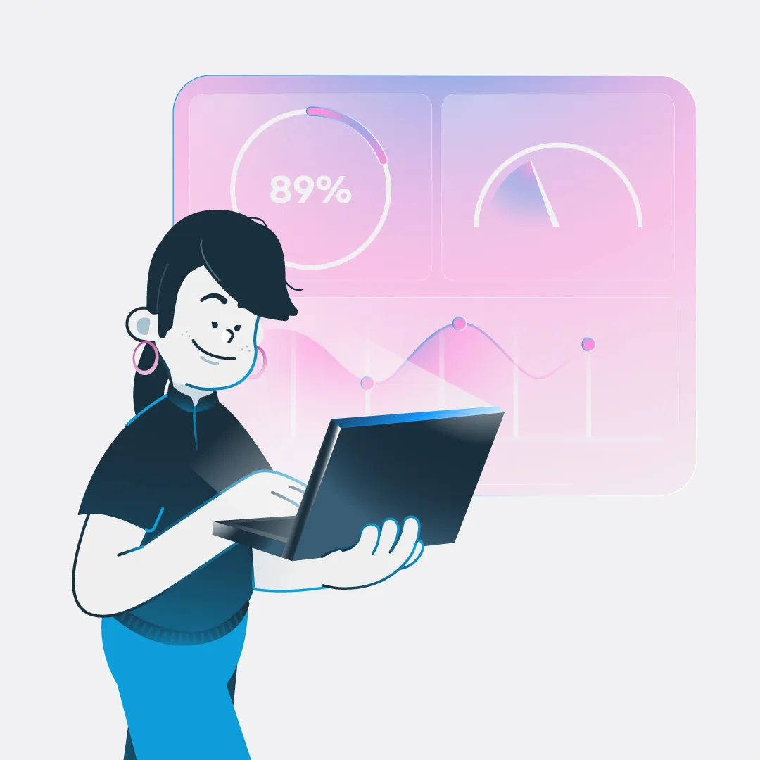 Illustration of a person using a laptop in front of a dashboard showing charts, including an 89% progress circle.