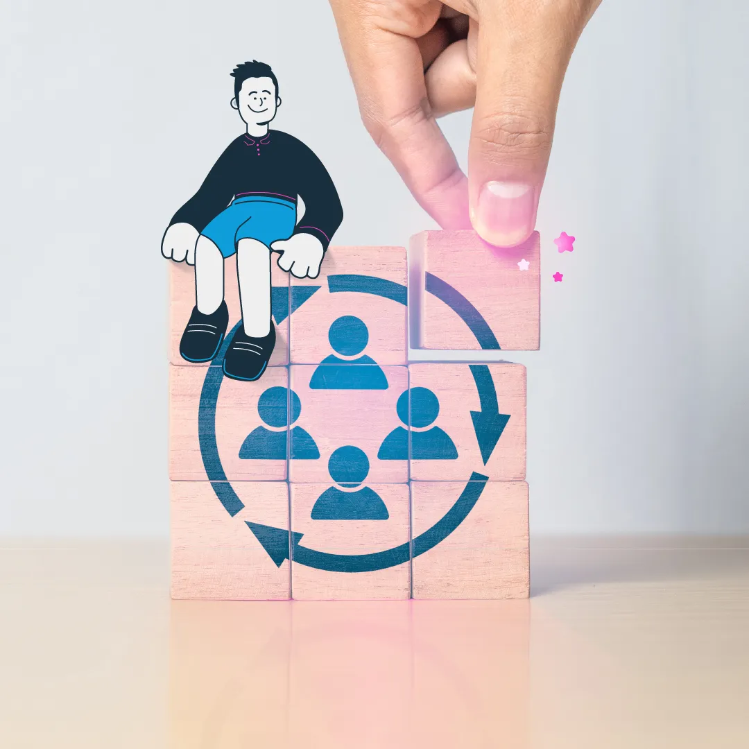 Illustration of a person sitting on stacked wooden blocks with a circular people icon, while a hand places a new block on top.