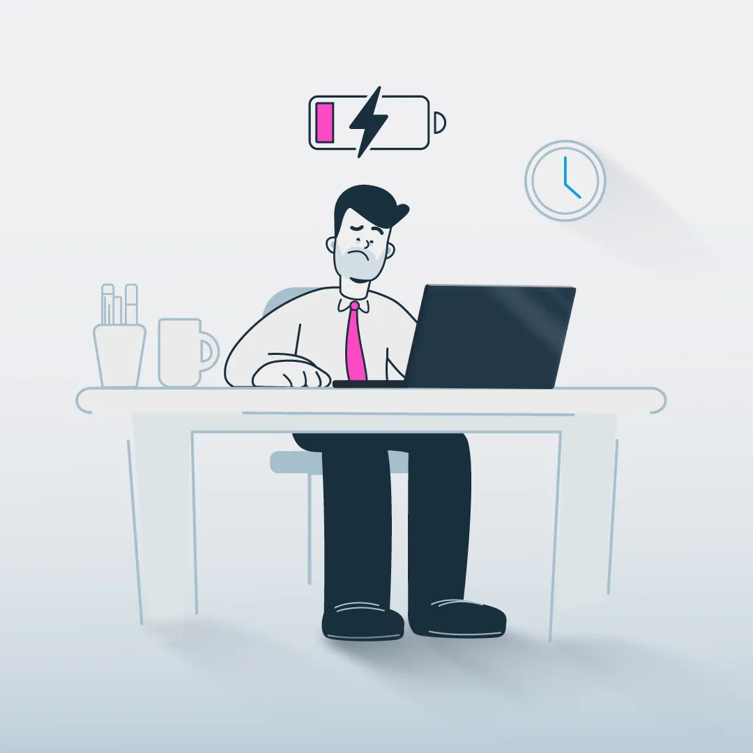 Illustration of a tired person sitting at a desk with a laptop, shown with a low-battery icon above their head.