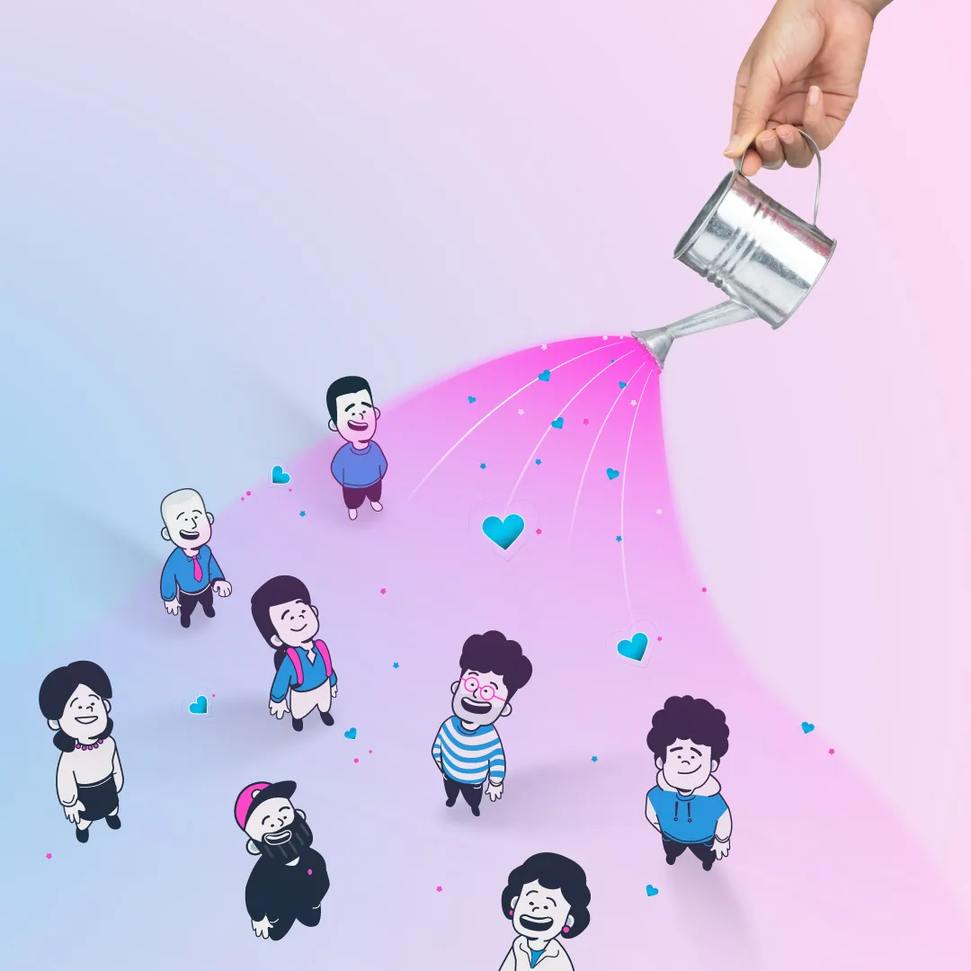 Illustration of a group of smiling people being sprinkled with pink and blue heart-shaped sparkles from a watering can above.