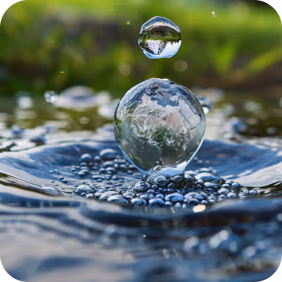 Gouttes d'eau suspendues au-dessus d'une surface d'eau avec reflets verts flous en arrière-plan.