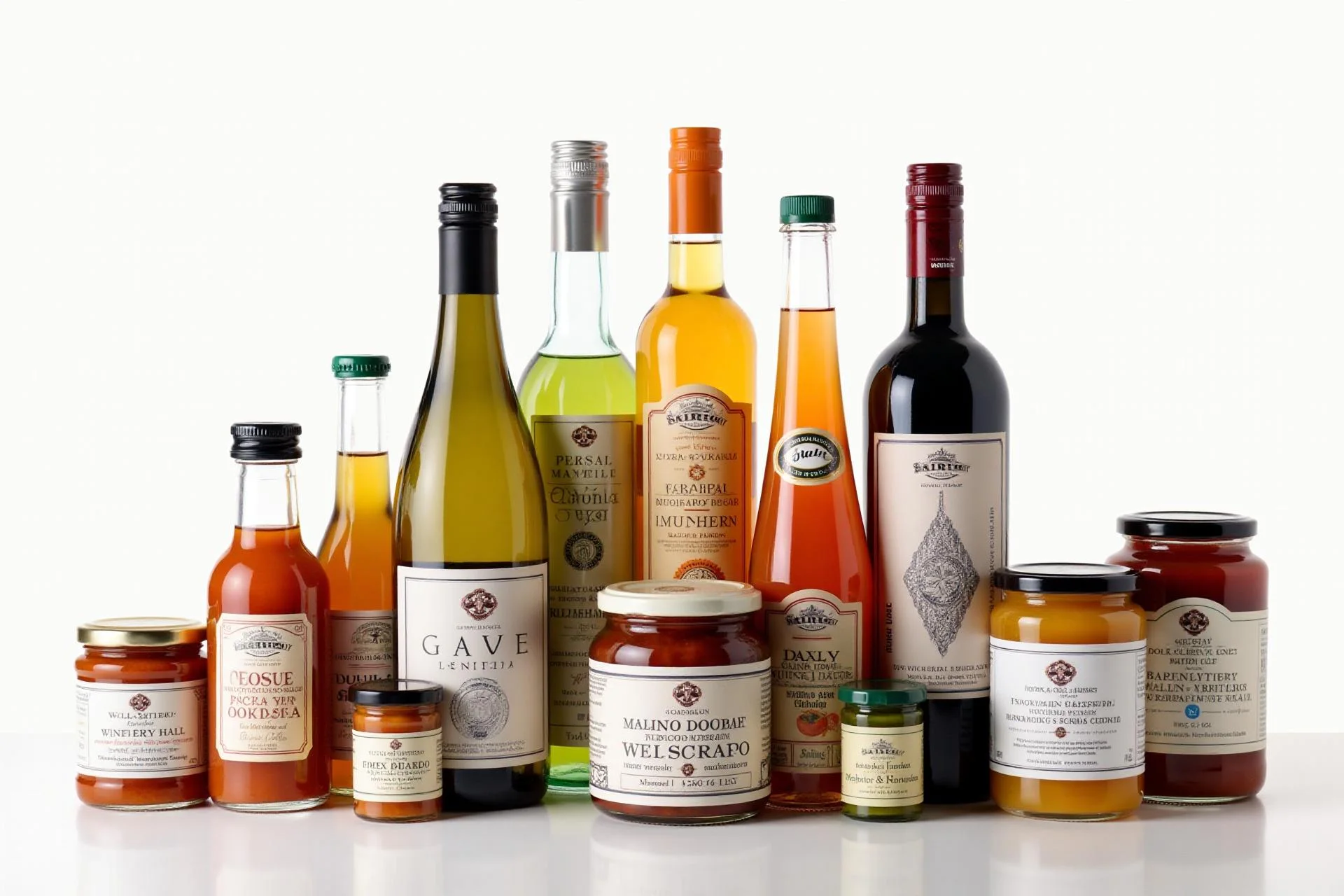 Assorted bottles and jars of sauces, oils, and preserves arranged in a row with white labels.
