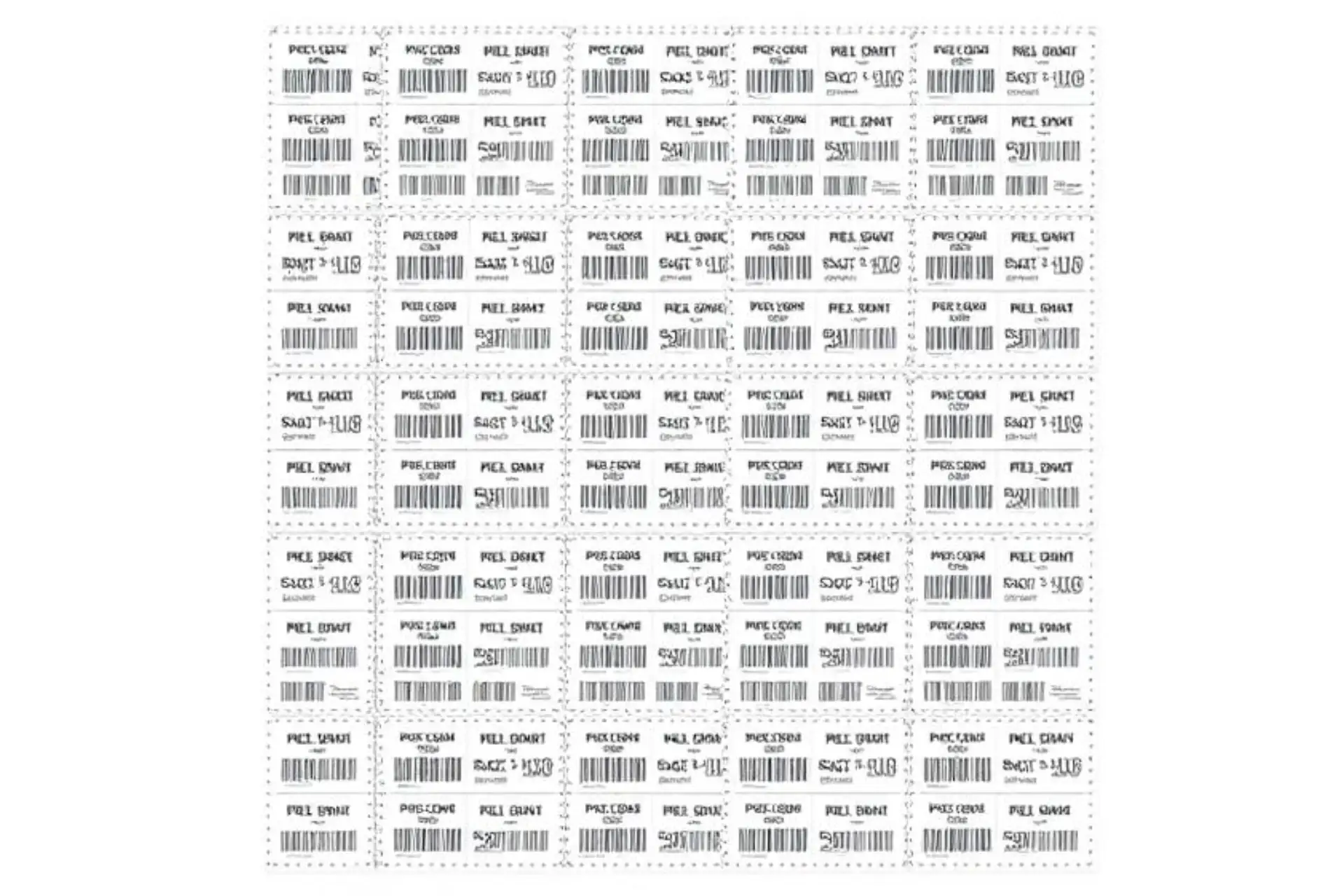 Sheet of multiple barcode labels arranged in a grid, each with a barcode and associated text and numbers.